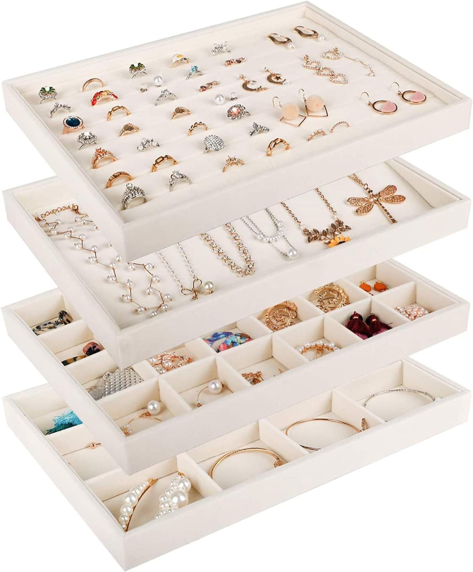 MebbayMebbay Jewelry Tray Set of 4, 13.8" x 9.5" Stackable Velvet Jewelry Organizer, Jewelry Storage Display Trays for Drawer, Earring Necklace Bracelet Ring (Warm White)