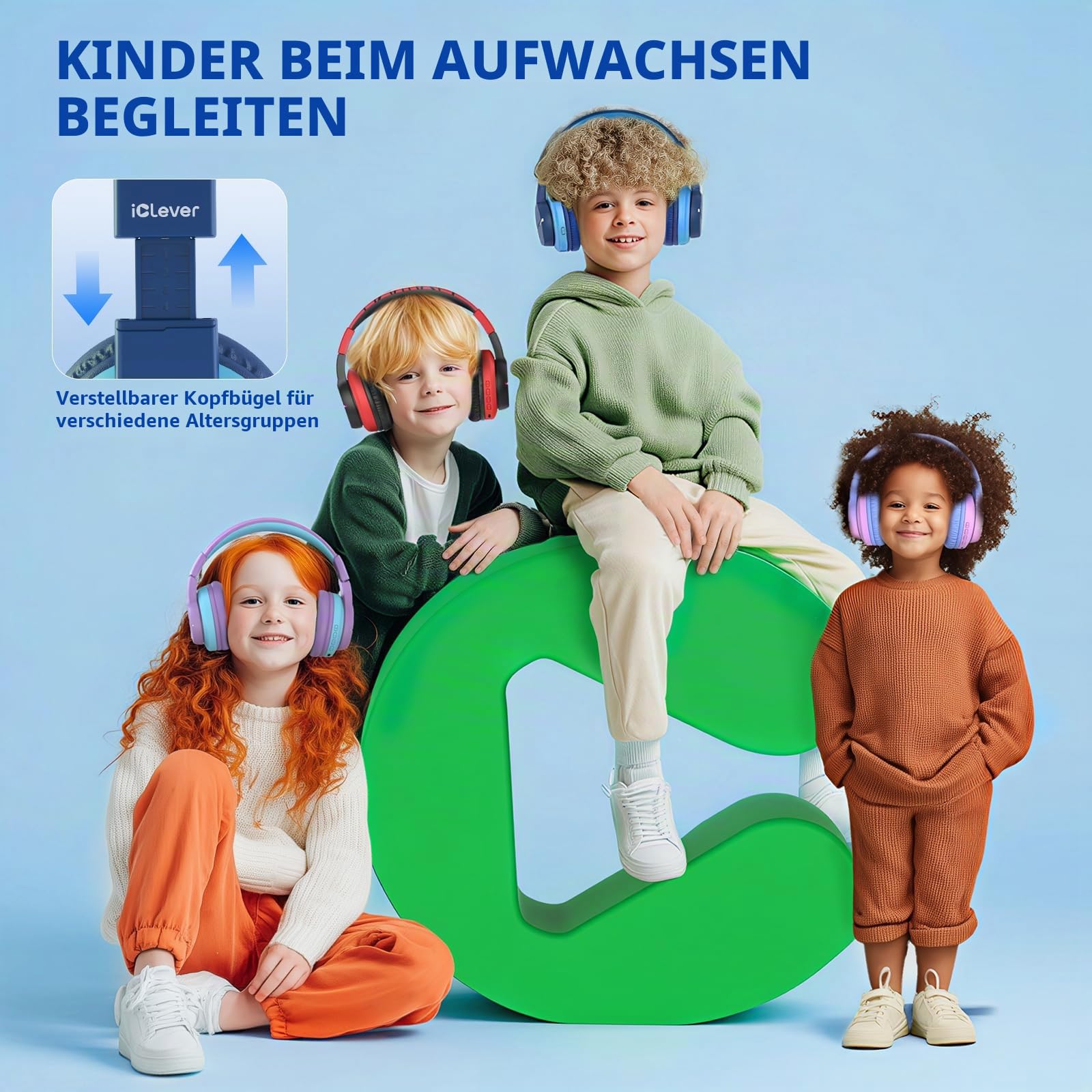 iClever Bluetooth Kinder Kopfhörer, Farbige LED-Leuchten, Kinderkopfhörer Over-Ear mit 74/85dBA Lautstärkebegrenzung, 85 Stunden Spielzeit, Bluetooth 5.2, Eingebautes Mikrofon Blau