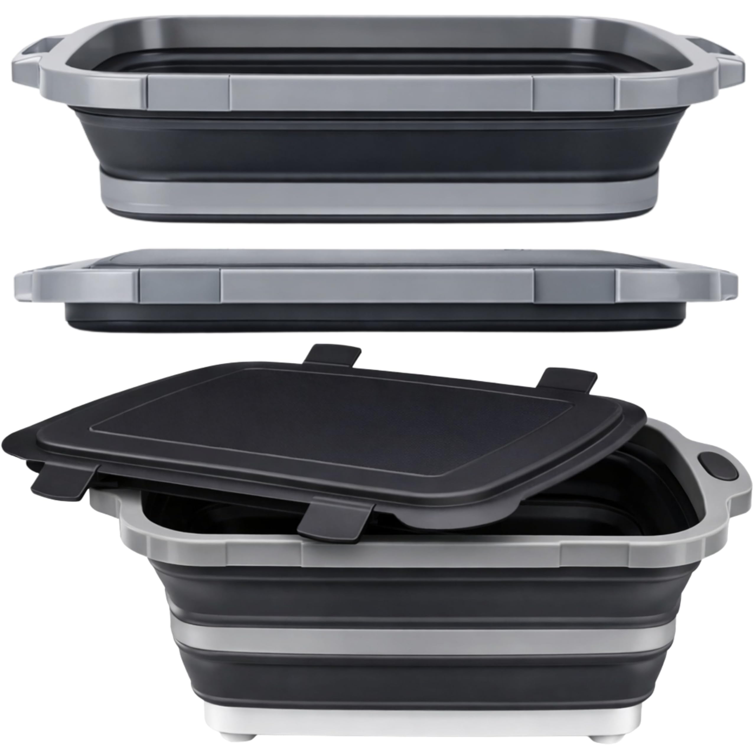 Premium BBQ Prep Tub with Locking Lid – Foldable Cutting Board, Washing Basin with Colander, Marinating & Collapsible Storage Container for Camping, Picnics, Outdoor Cooking