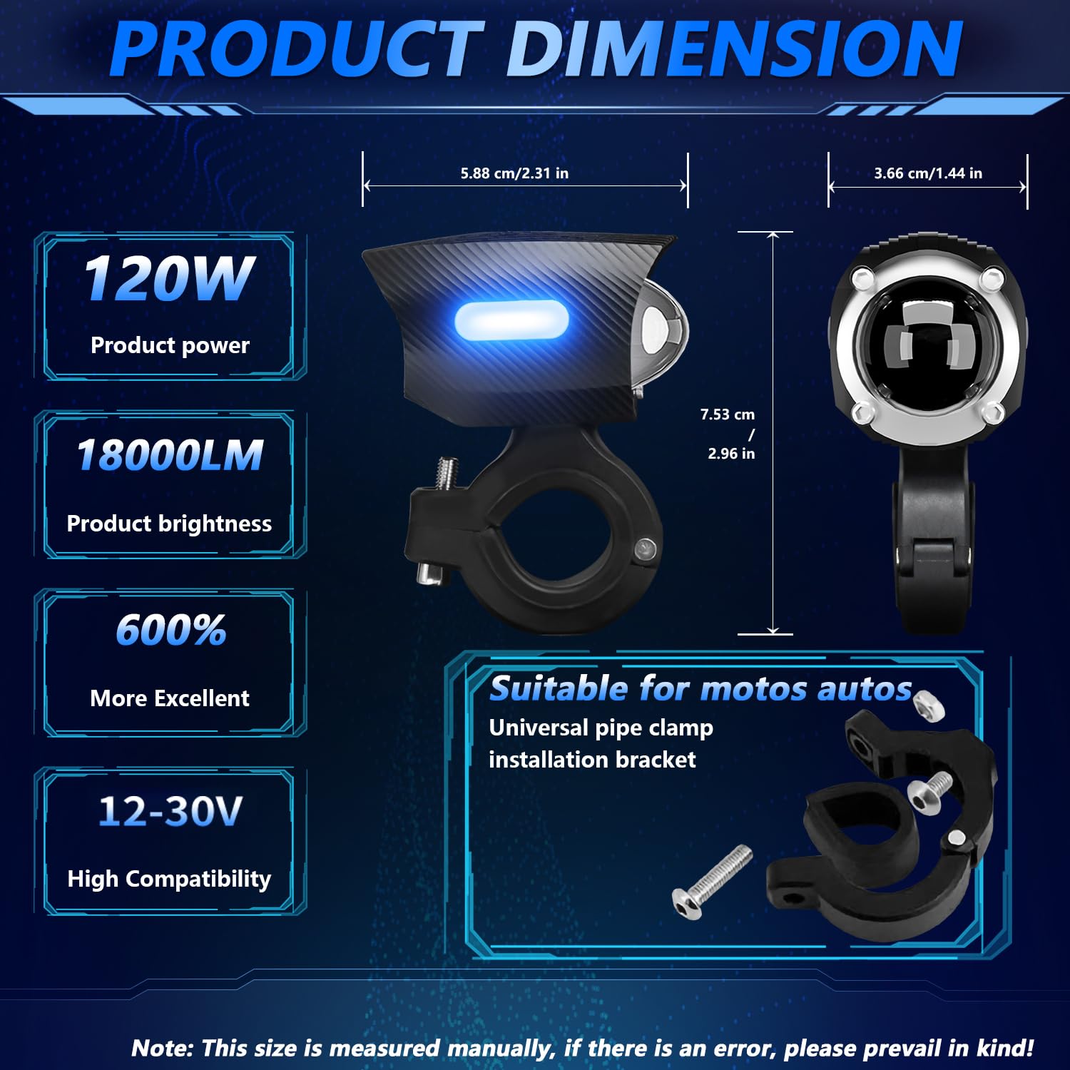 Shkalacar Fendinebbia per Moto a LED, Fari supplementari Moto da 120 W 18000LM IP67 Impermeabili con staffe di Montaggio per Camion Pick-up Carrello da Golf SUV ATV, 1 Paio