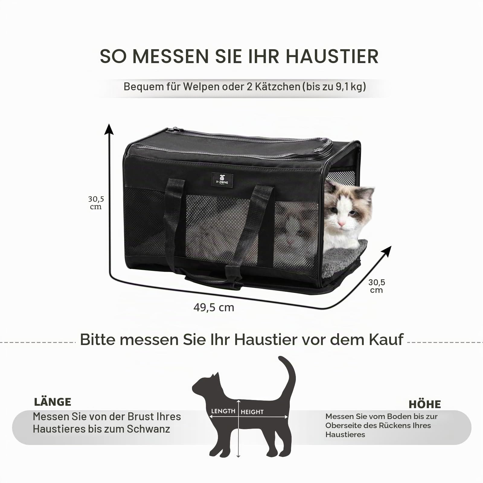 X-ZONE PET Airline-Zugelassener Weicher Haustier-Reiseträger für Hunde und Katzen, Mittelgroße und Kleine Katzen, Kleine Hunde, Tragbarer Transportkäfig (Groß, Schwarz)