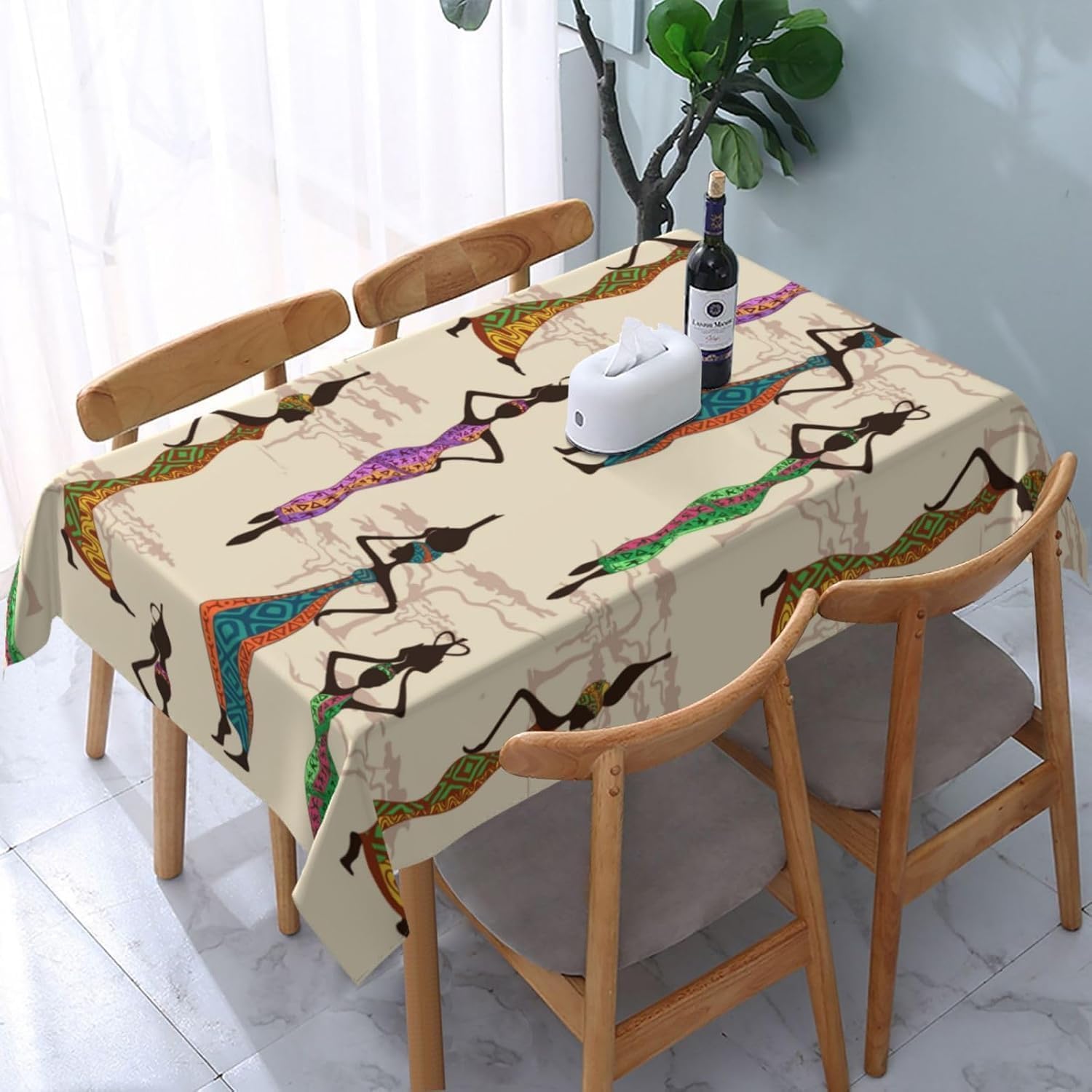 Kwadratowy obrus 160 x 160 cm Afrykańska kobieta i styl etniczny obrus z poliestru odporny na plamy ochraniacz na stół 4-6 miejsc, idealny do kuchni i na imprezy 8039v