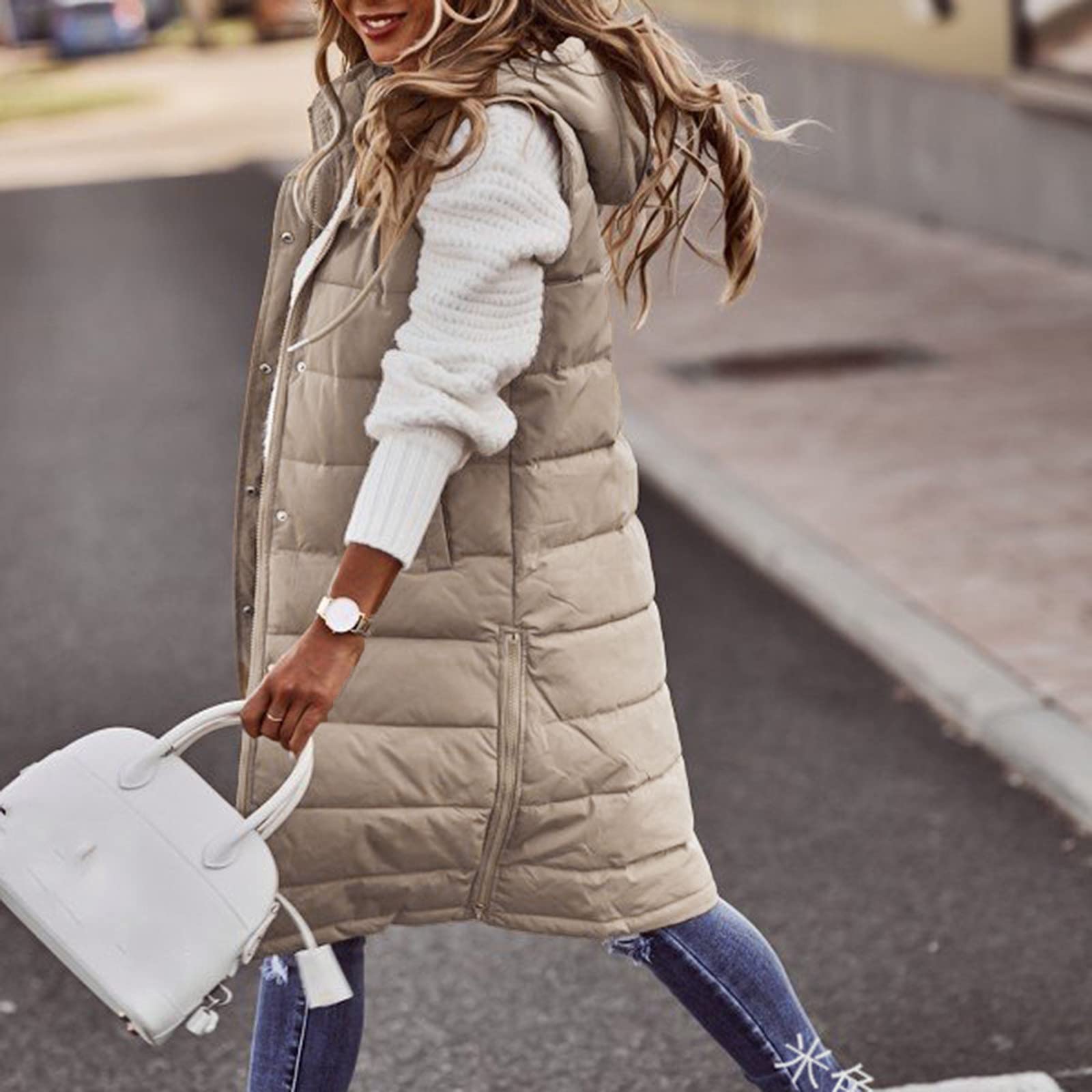 IQYU Giubbotto trapuntato da donna, leggero, con cappuccio, lungo, grande, antivento, per esterni, senza maniche, trapuntato, gilet lungo, elegante, caldo, beige., L