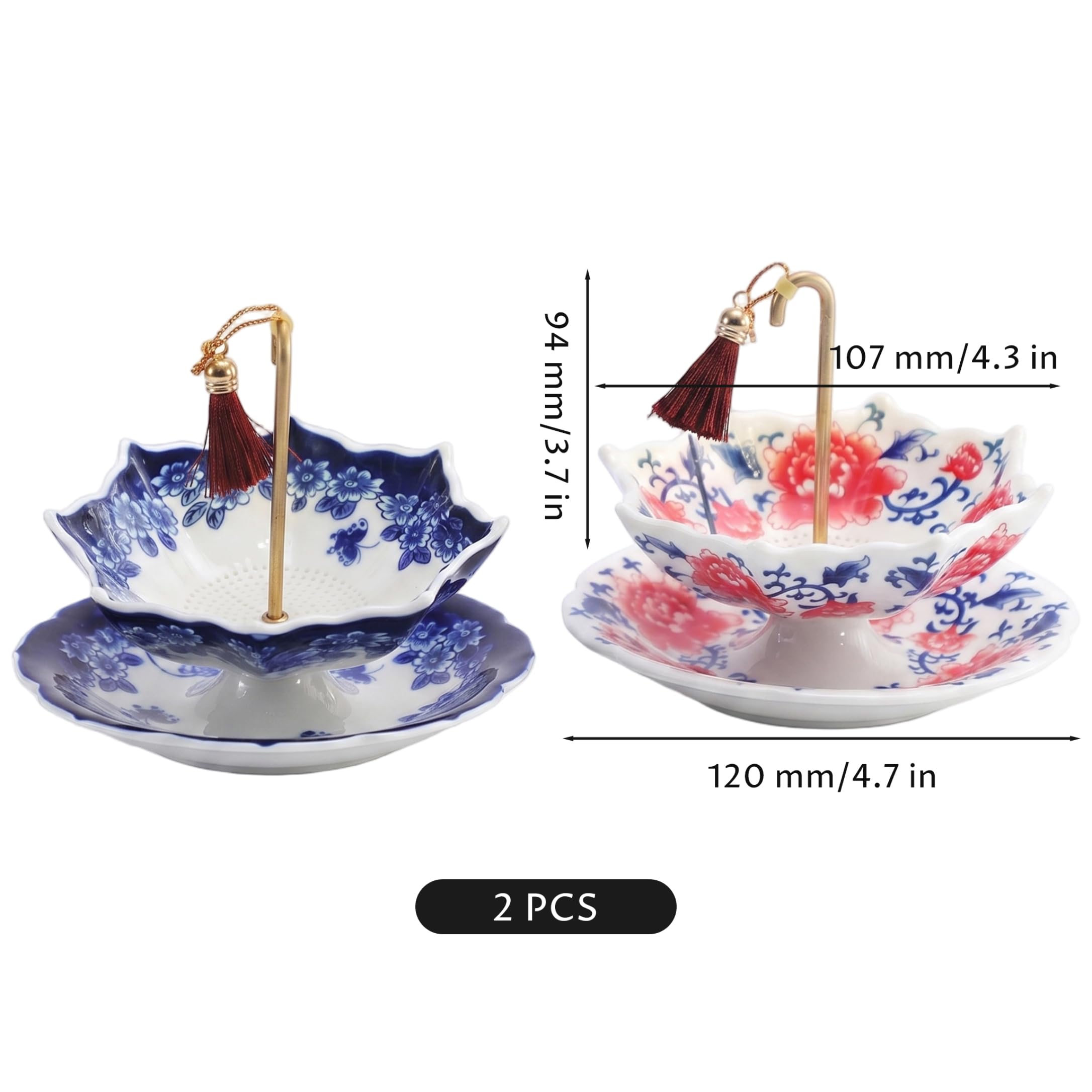 2er-Pack Teeschirme, florale Keramik-Teesiebe für loses, exquisites Porzellan-Set mit Abtropfböden für die Teestube im Heimbüro (2 Stile)
