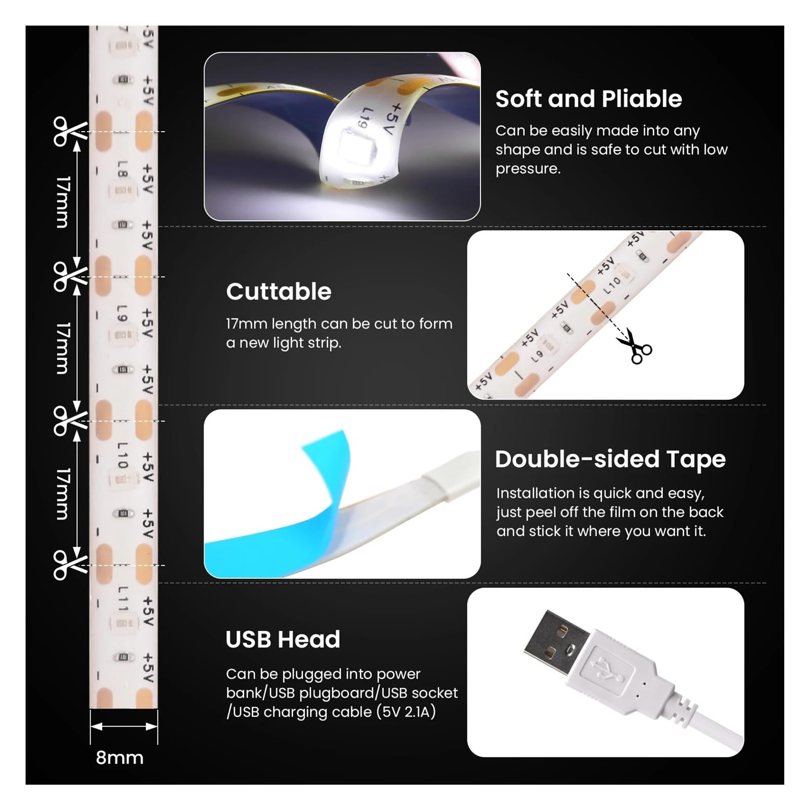 Tira de luces LED alimentada por USB DC5V 2835, cinta de luz Flexible con Control táctil regulable for TV, armario, cocina, retroiluminación nocturna(Green,WITH DIMMER SWITCH_5M_IP65 WATERPROOF)