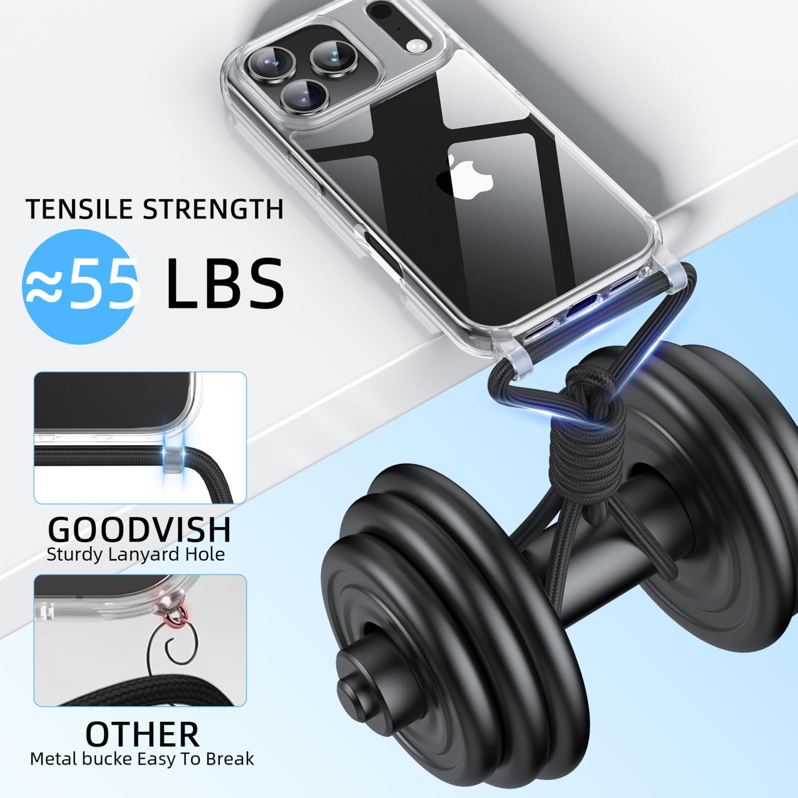 GOODVISH Handykette für iPhone 17 Pro Hülle mit Band, Kameraschutz und Bildschirmschutz, Necklace Handyhülle mit Schnur Schutzhülle für zum Umhängen Transparent Case mit Kordel 6.3", Schwarz