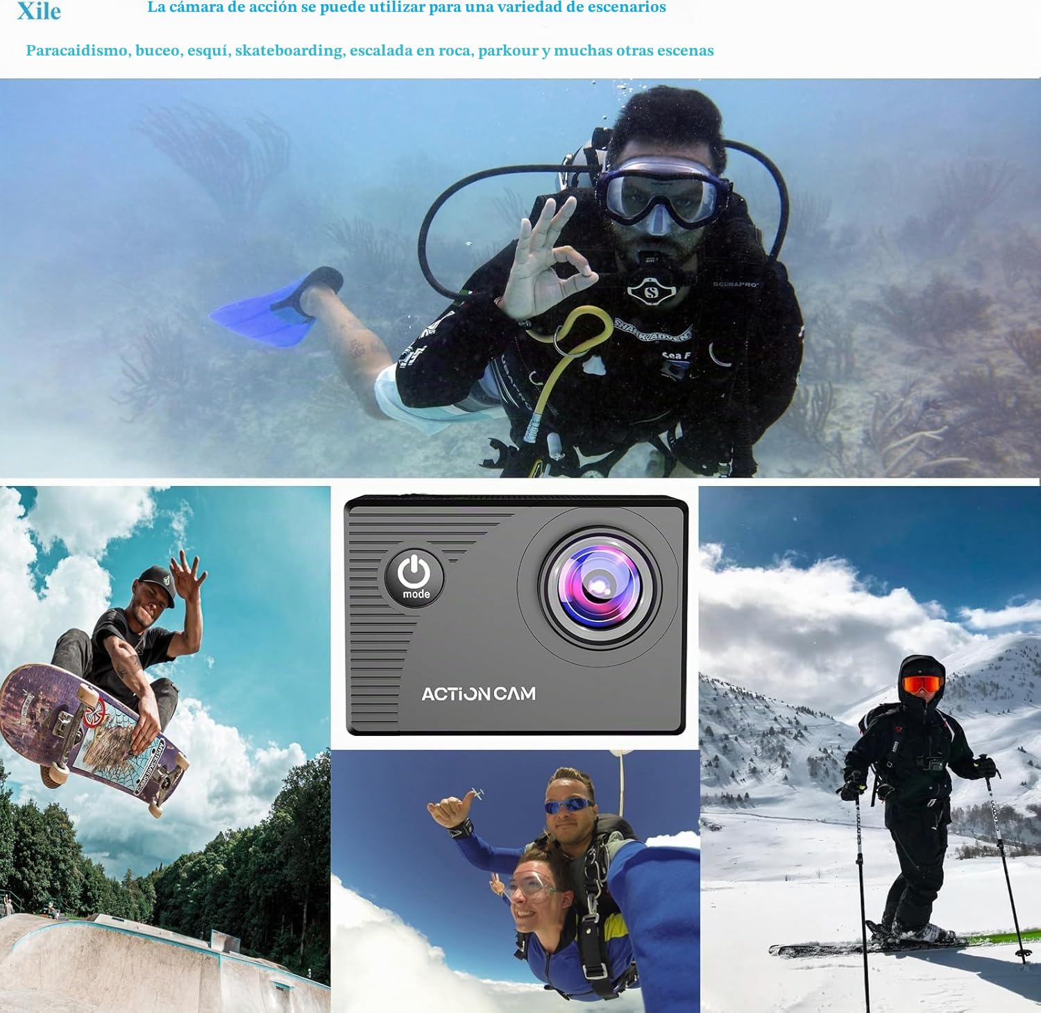 Xilecam Cámara Deportiva 1080P, Cámara subacuática 131FT Camara Deportiva 2 baterías Recargables de 900mAh y Kit de Accesorios(Negro)