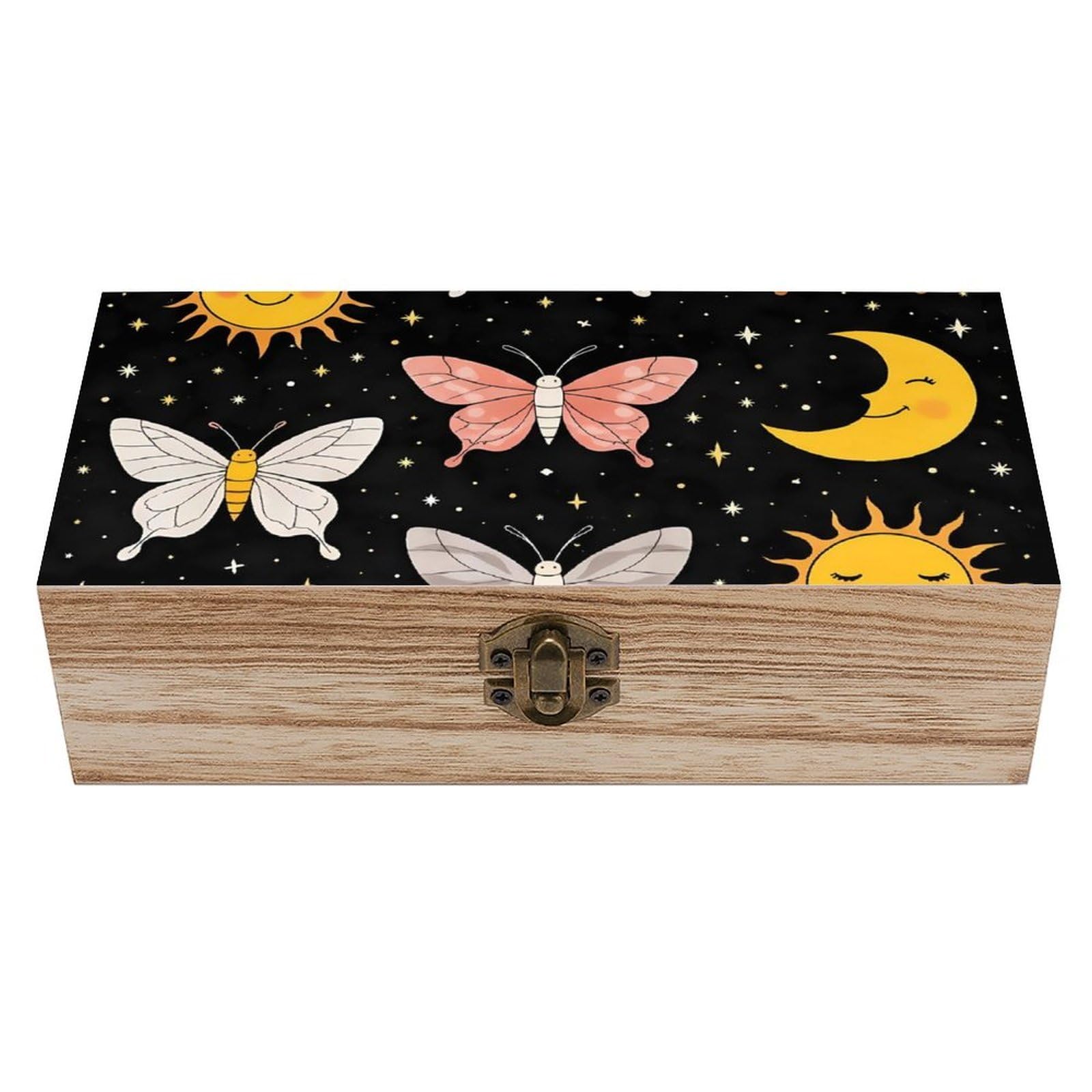 SMAZDFXX Butterfly Moth Sun Moon Wooden Storage Box With Hinged Lid Decorative Front Clasp Keepsake Boxes