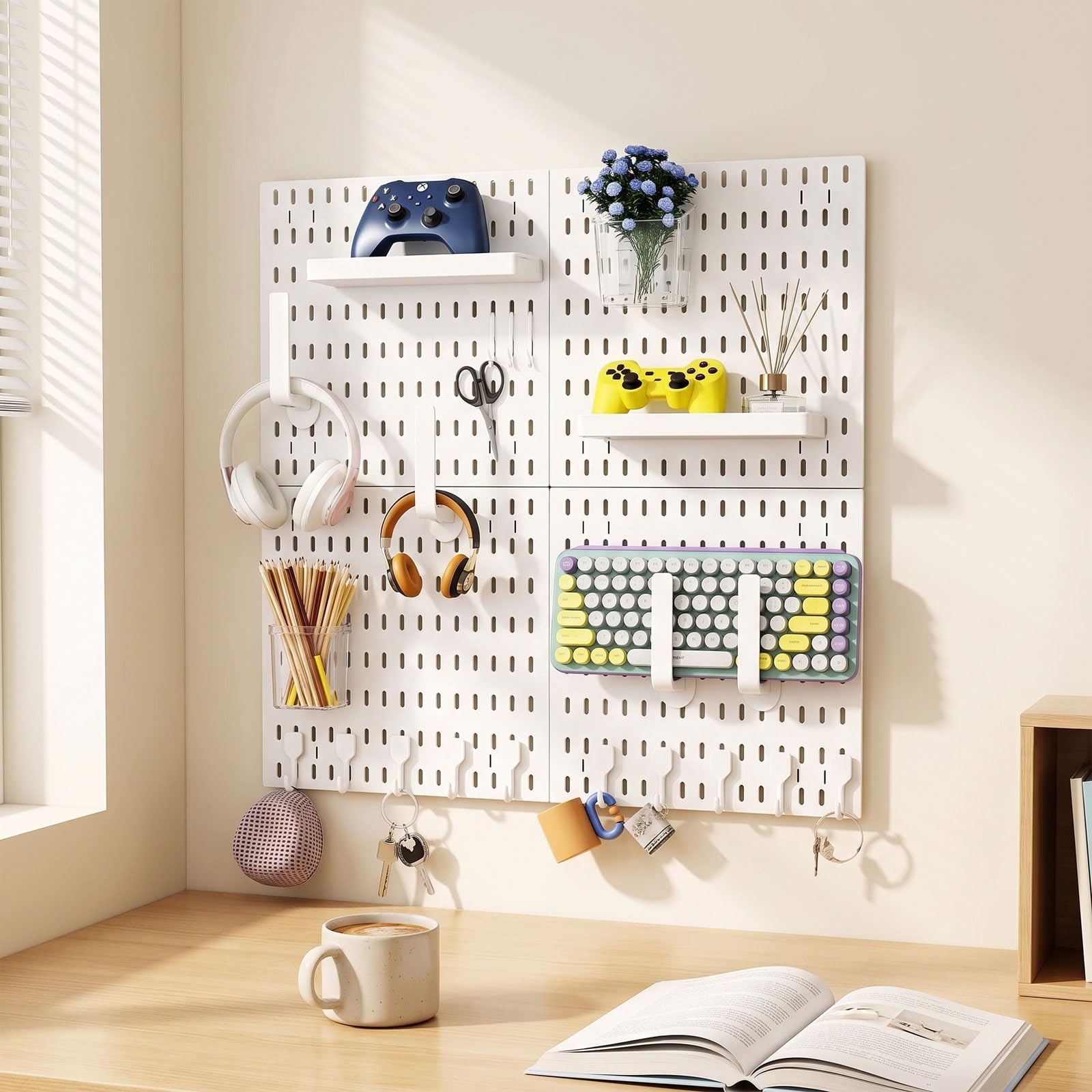 Stecktafel-Kombinationsset, mit 4 Stecktafeln (30x30cm) + 20 Zubehör, Modular zum Aufhängen für Wand-Organizer, für Wand-Organizer, Bastelorganisation, Ornament-Ausstellung, Kinderzimmer