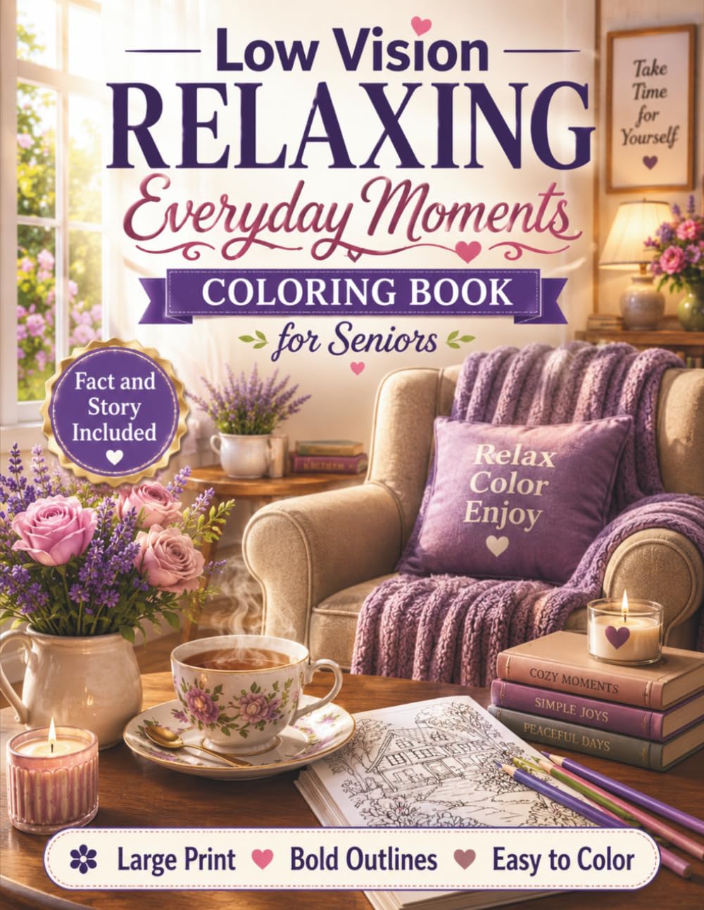 Low Vision Relaxing Everyday Moments Coloring Book for Seniors: 50 Large Print, Bold and Easy Designs Featuring Cozy Daily Life Scenes for Relaxation, Stress Relief, and Comfortable Coloring