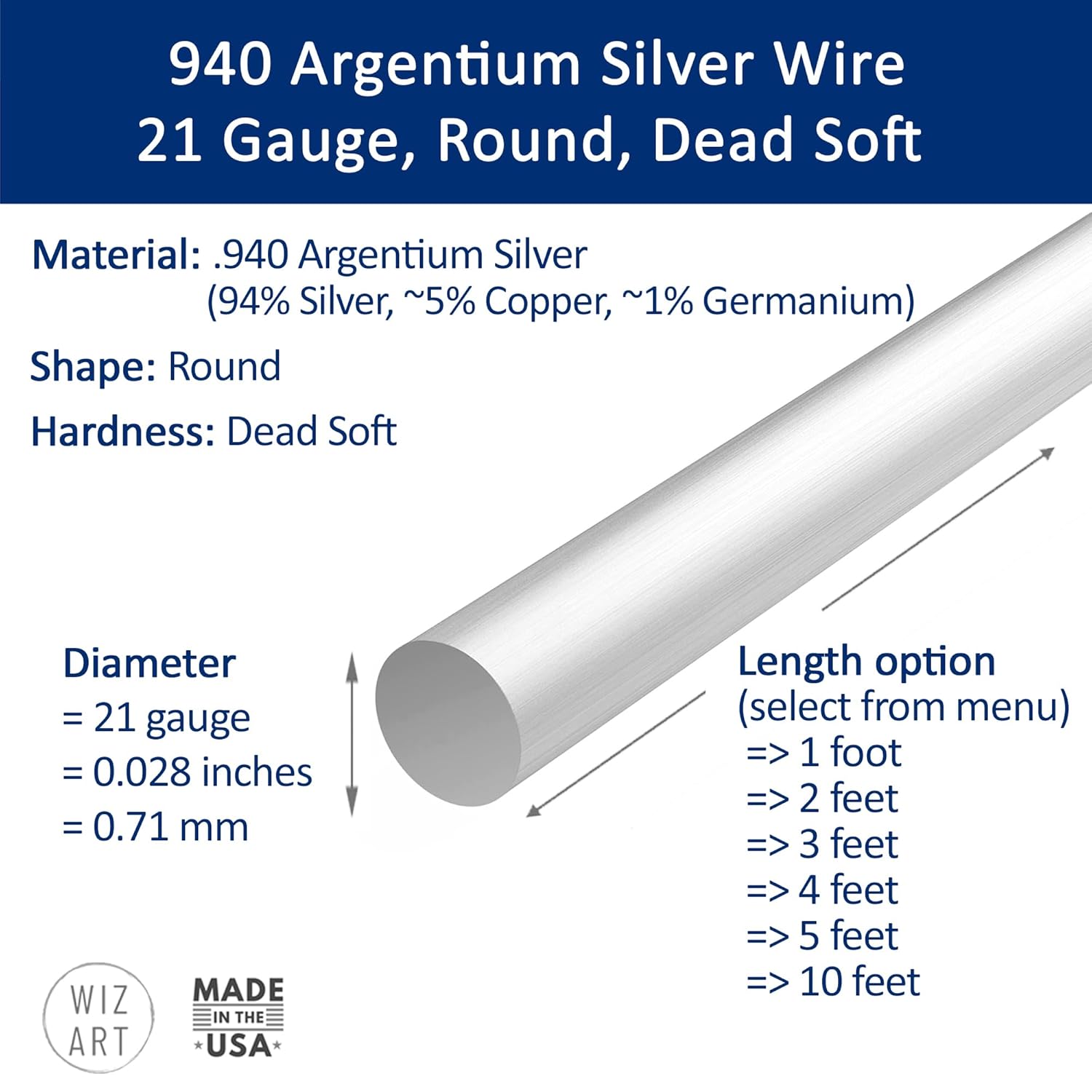 21 Gauge, Round, Dead Soft, 940 Argentium Silver Wire - 1 FT - for Jewelry Art from WIZART