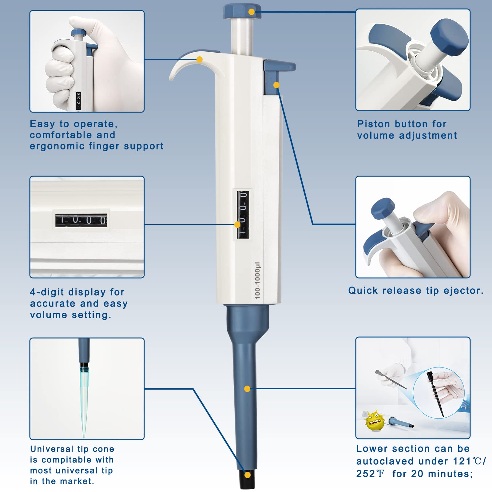 Kit de micropipetas ajustables de 3 piezas: pipeta de un solo canal 2-20UL, 20-200UL, 100-1000UL, pipetas de laboratorio (SC-Pipettor-3-set C)