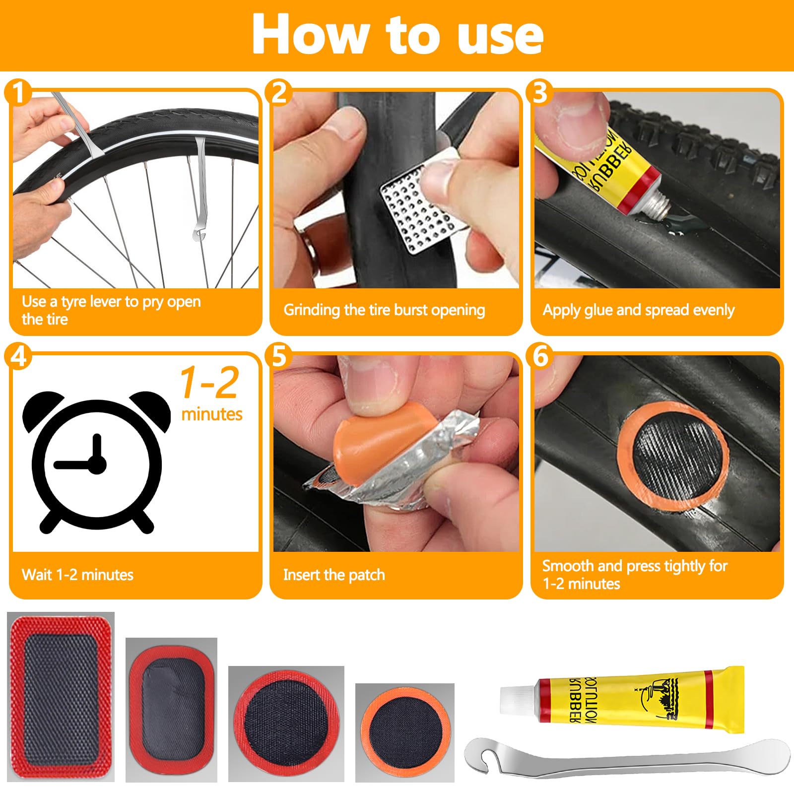 GMUFTIR Parches Bicicleta, 44 Piezas Kit Repara Pinchazos Bicicleta con Parches Bicicleta Autoadhesivo, Palanca para Neumáticos, Caja de Accesorios, para Cámaras de Bicicleta, Moto, MTB — view 3