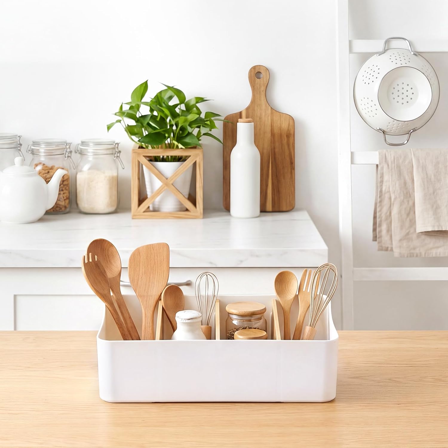 2 Pack Seasoning Packet Organizer Spice Storage Organizer & 3 Bamboo Wood Dividers Plastic Bins Caddy Pantry Cabinet Kitchen Organization for Snacks Pouches Tea Bags Medicine and More(White)