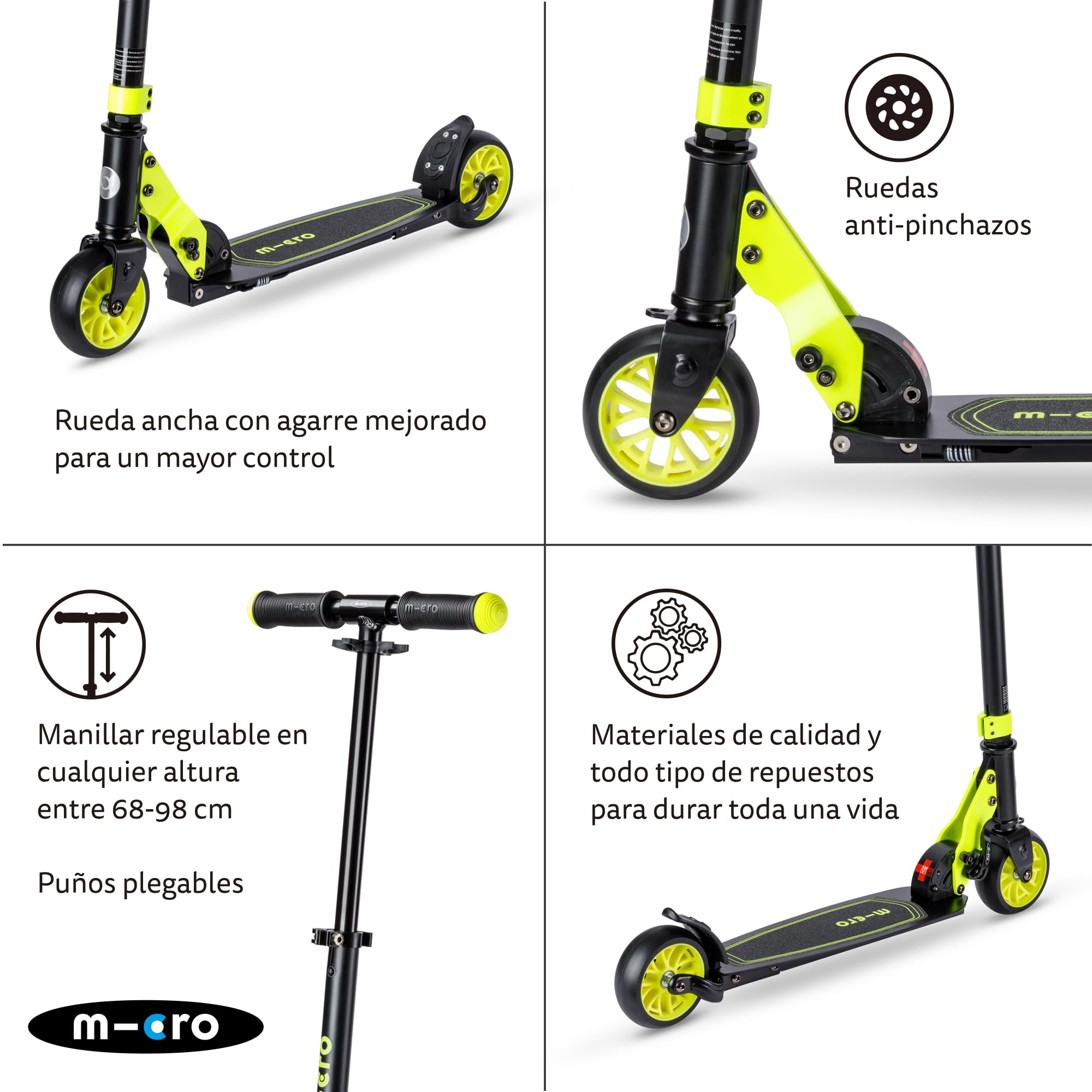 Micro® Rocket | Patinete de 2 Ruedas Extra Anchas 120 mm| Mayor Estabilidad | Scooter de Aluminio Plegable | Altura Ajustable 66 a 96 cm| Pata de Cabra | Ligero 3,85kg | Adolescentes y Adultos