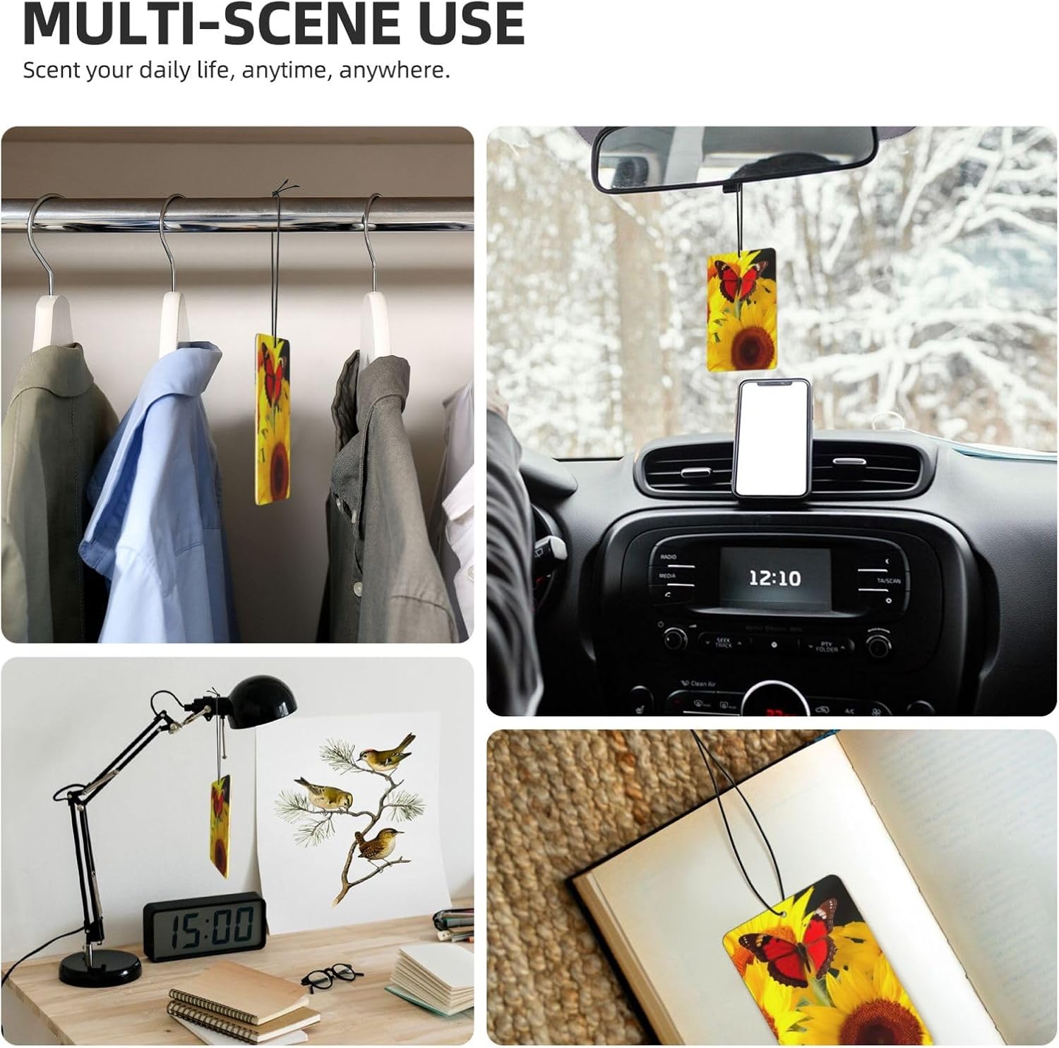 Car Air Freshener 24 PCS Yellow Sunflowers with Red Butterfly Hanging Car Air Fresheners Auto Interior Decor Card Freshener Strong Scented Card Lavender Cars Scents for Close Drawer Rectangle