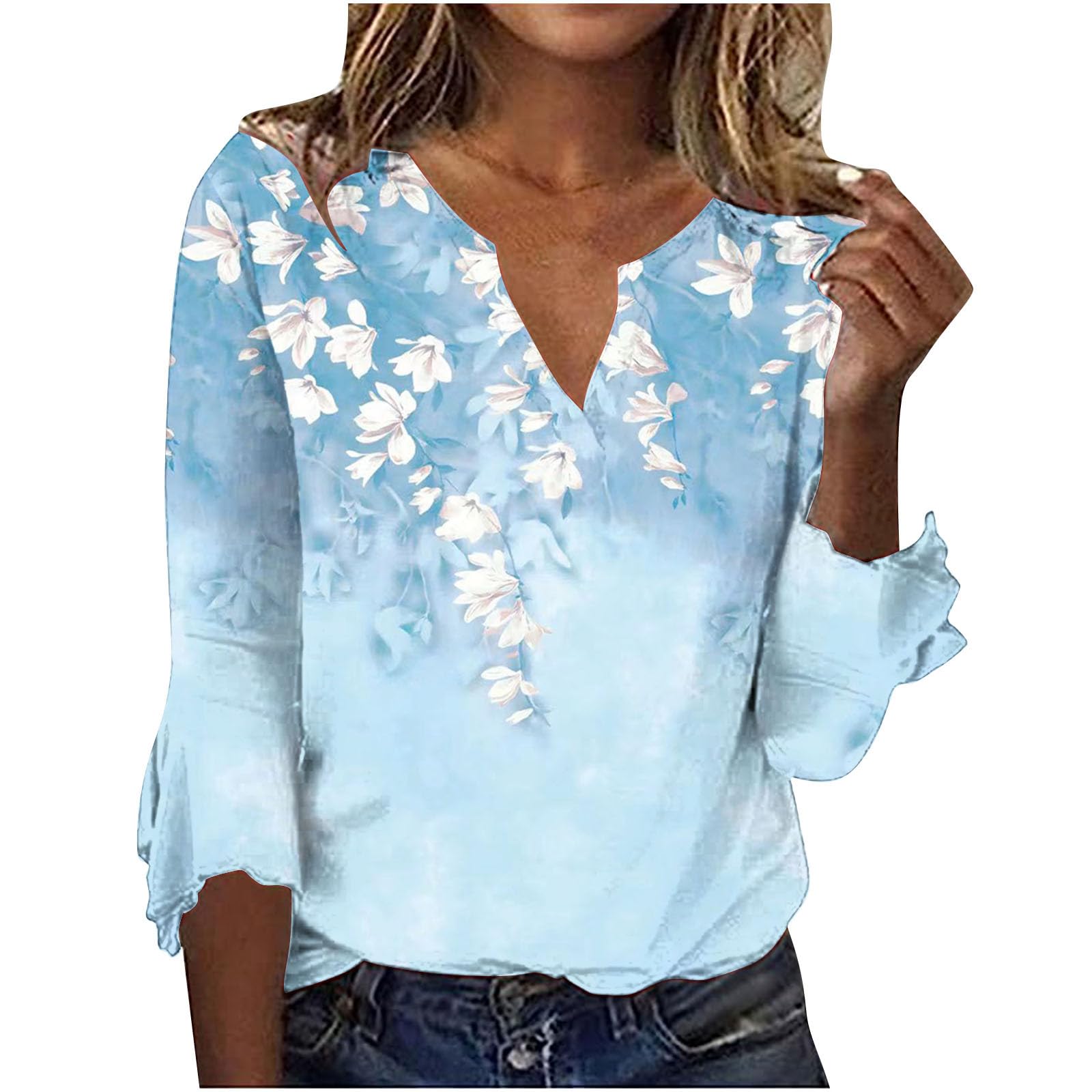 CethrioWomen Tops 3/4 Sleeves Bohemia Flower Shirts for Women Work Blouse Elbow Sleeve T Shirts Bell Sleeve Streetwear