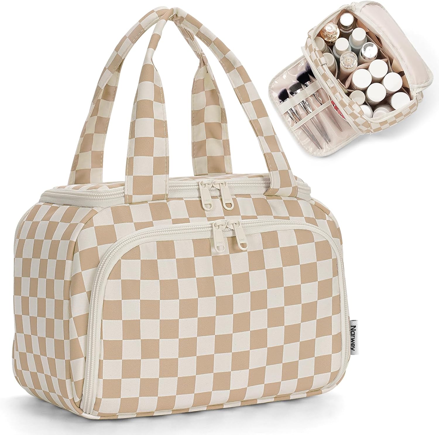 Narwey Checkered Travel Toiletry Bag for Women Large Makeup Bag, Wide-open Cosmetic Make Up Organizer with Handle, Travel Bag for Toiletries, Essentials, Accessories (Light Checkerboard)