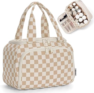 Narwey Toiletry Bag Women, Large Wide-Open Travel Toiletries Bag, Makeup Cosmetic Make up Bags Organizer with Wet Pocket for Travel Size Toiletries Essentials Accessories (Light Checkerboard)