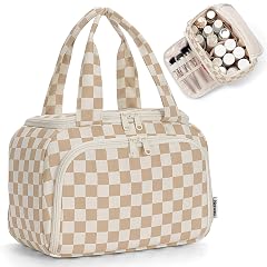 Narwey Checkered Travel Toiletry Bag for Women Large Makeup Bag Wide-open Cosmetic Make Up Organizer with Handle Travel