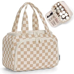 Narwey Checkered Travel Toiletry Bag for Women Large Makeup Bag Wide-open Cosmetic Make Up Organizer with Handle Travel