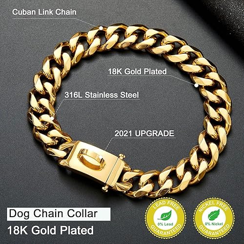 Miniatura 3 de Collar dorado de cadena para perro, collar de metal para caminar con diseño de hebilla segura, eslabón cubano de 18 quilates, 19 mm, resiste la