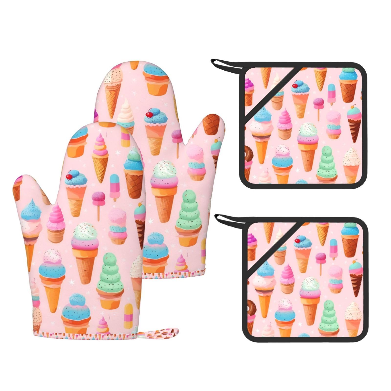 Many Colored Ice Cream Print Kitchen Heat Resistant Set,Cooking Kit With Hanging Loop For Baking & Bbq