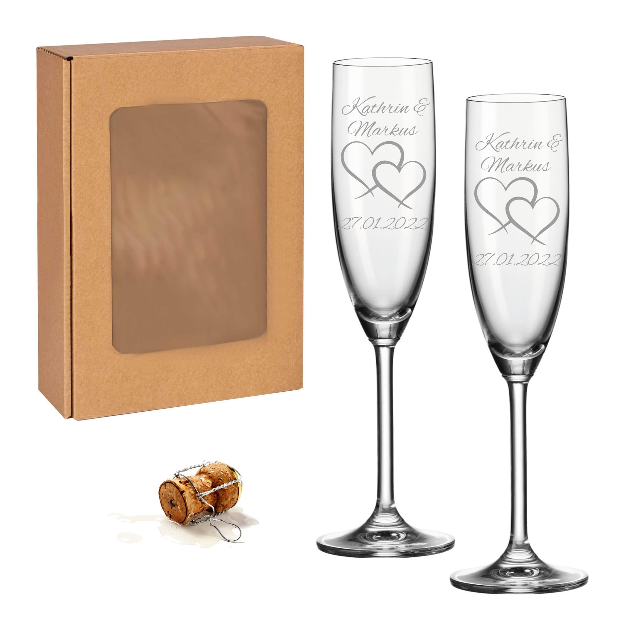 laser-diele 2 Leonardo Sektgläser mit Gravur - Geschenk zur Hochzeit - Graviert mit Namen und Datum - Sekt Zwei Herzen