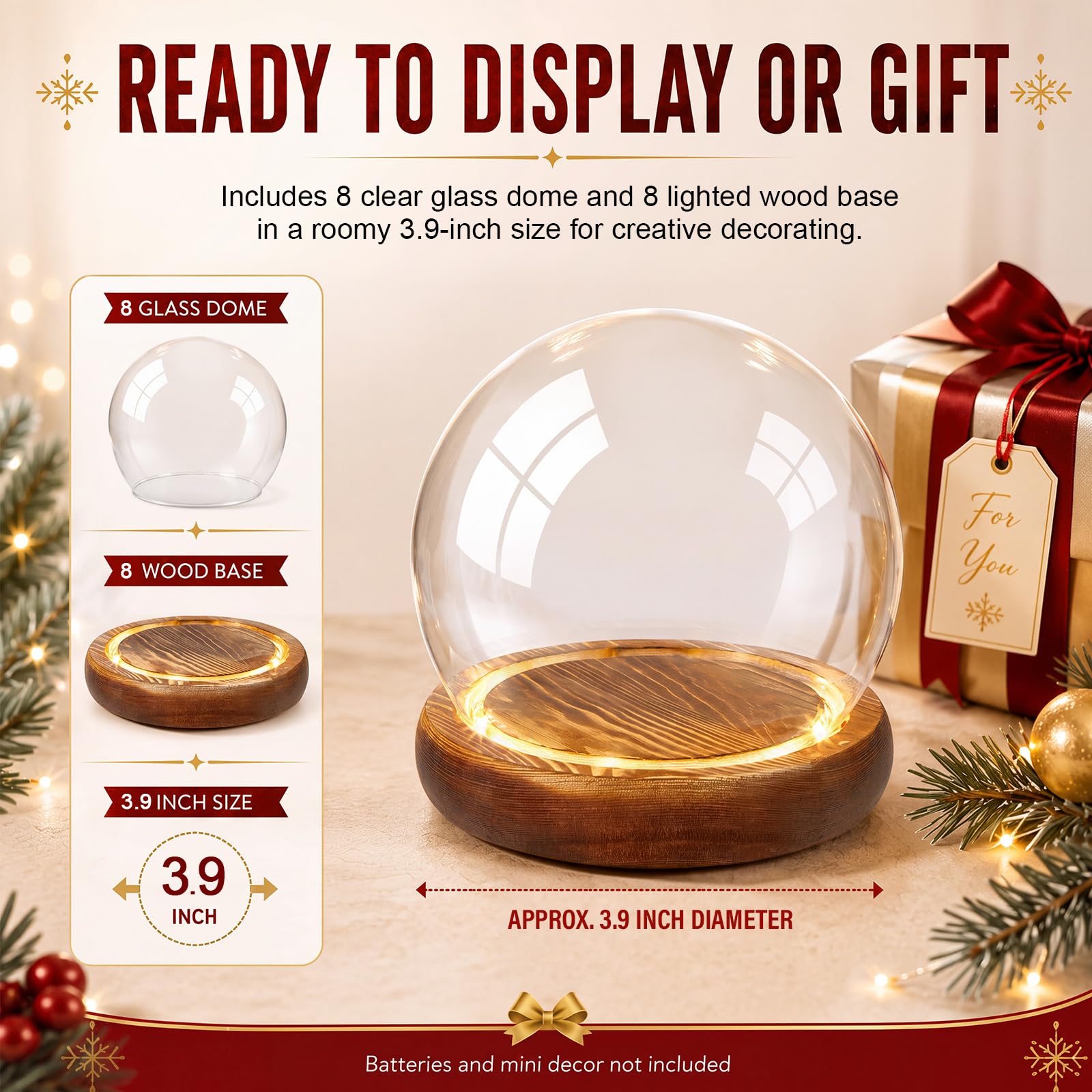 Funtery 8 pezzi di vetro a cupola di Natale trasparente fai da te con base in legno chiaro, kit decorativo per terrario per piante, terrario, decorazione per donne, regalo da tavolo (9,94 cm)