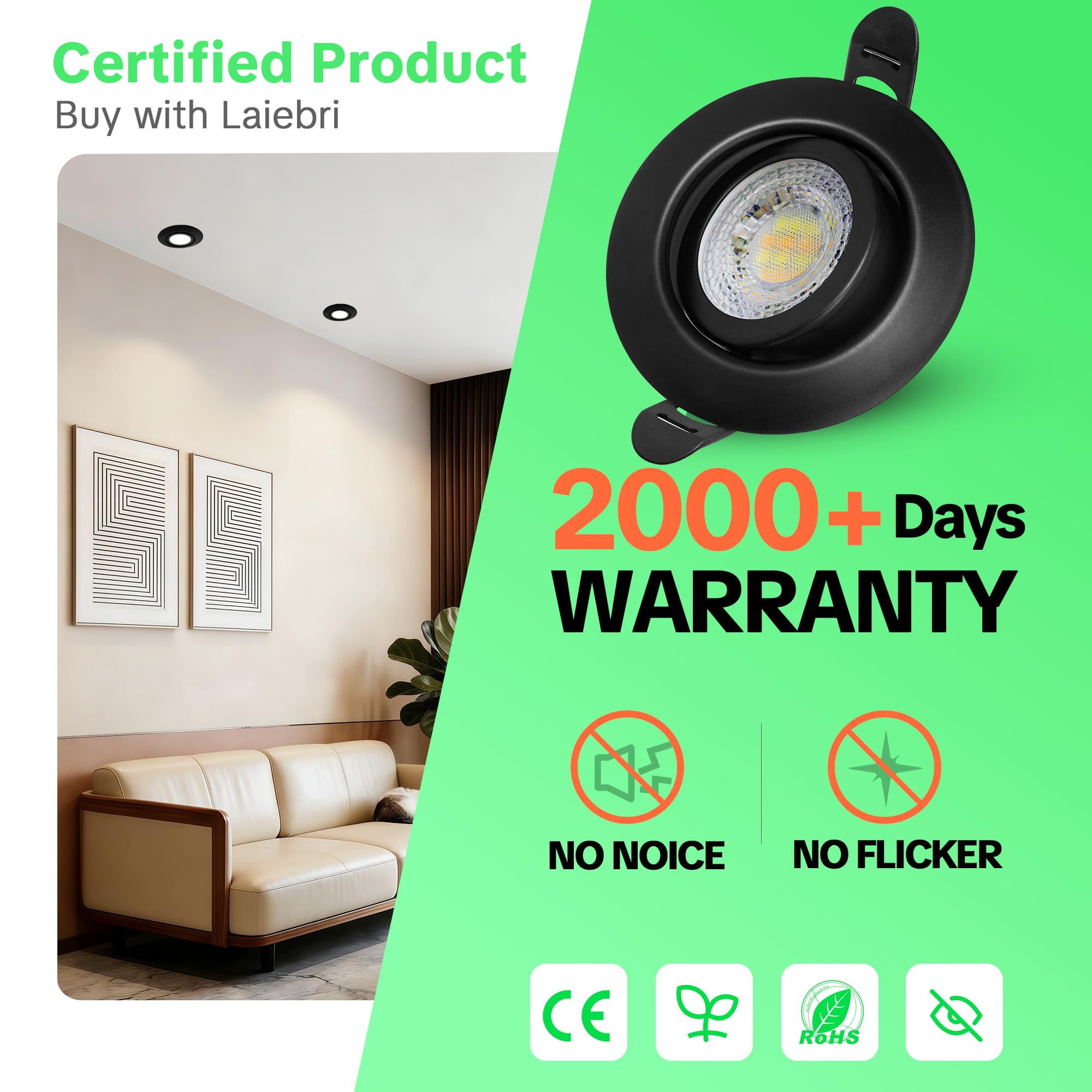 Focos empotrables LED, 230 V, regulables, 6 W, IP44, diámetro 68 mm, giratorios 38°, temperatura de color 3000 K/4000 K/6000 K, para baño, planos, negro, 10er