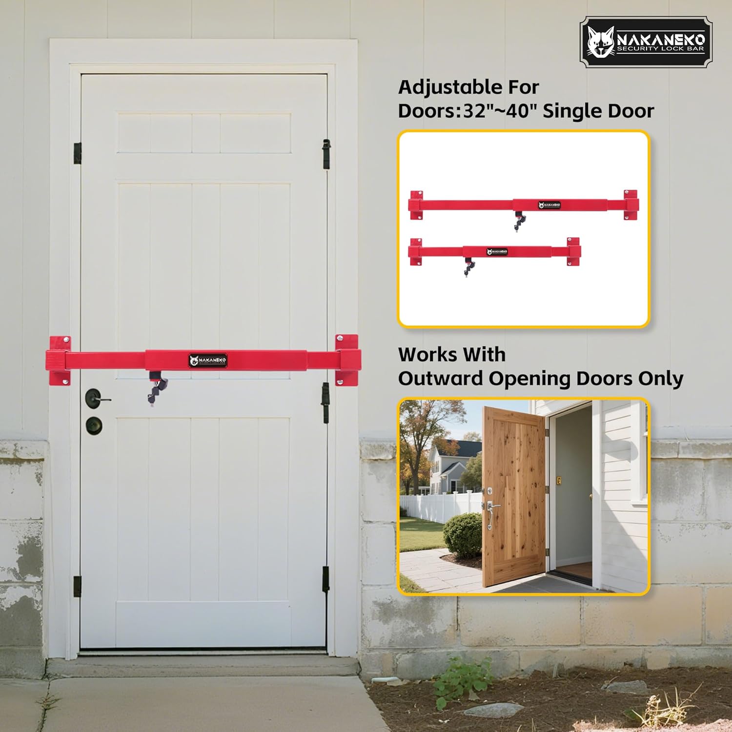 Door Security Bar-by NAKANEKO The Entire Width of Your Outward Opening Front Door-Safe Jobsite Office bar. 2500 pounds of Resistance Fits Doors 33"-40" Wide.(Keyed Differently)