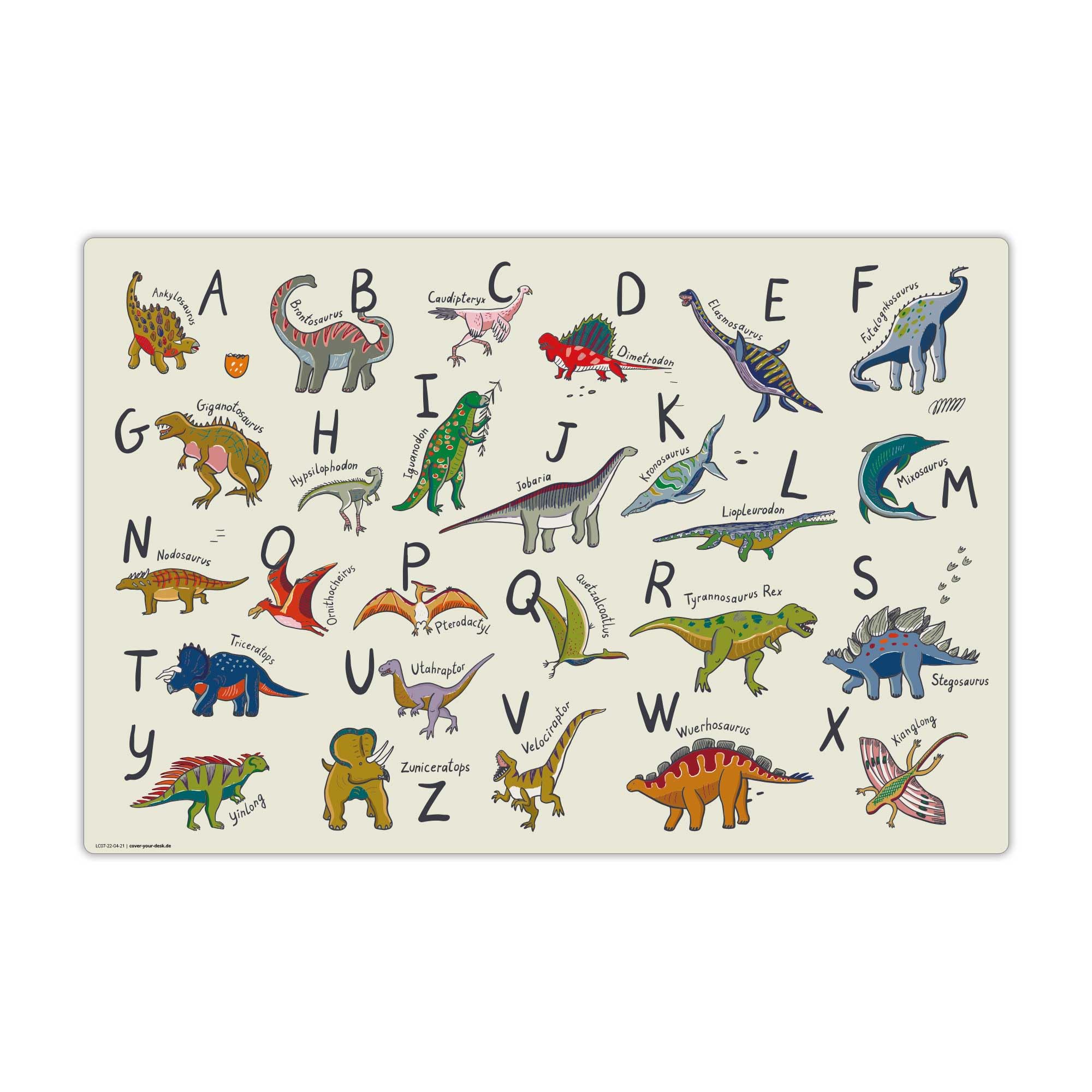 Children's Desk Pad - ''Dino ABC'' Desk Cover - Made of Premium Vinyl (Plastic - BPA Free) - 60 x 40 cm - Made in Germany