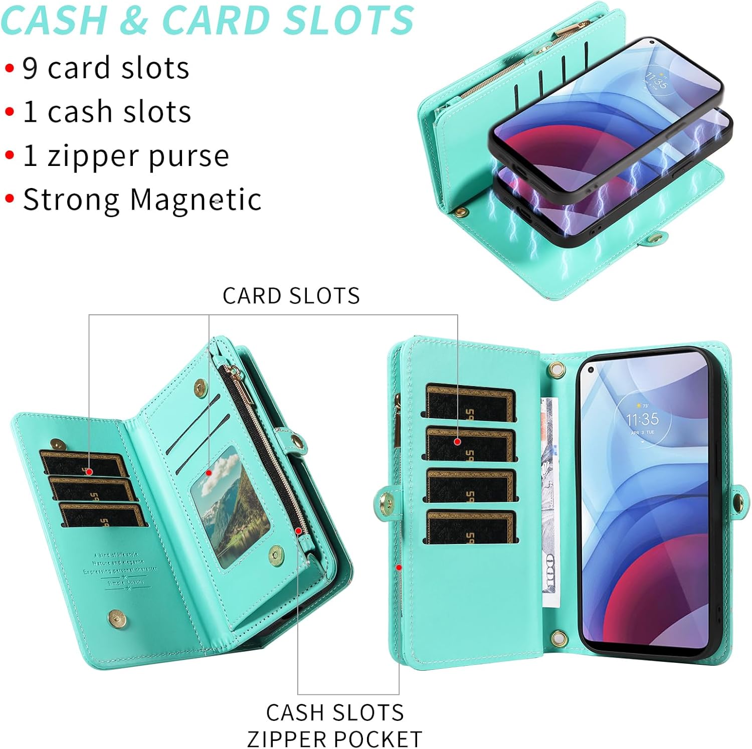 Asuwish Phone Case for Moto G Power 2021 Zipper Wallet Detachable Cell Cover with Tempered Glass Screen Protector Strap Glitter Flip Card Holder Slot Motorola GPower 21 5G Version XT2117-4 Women Teal