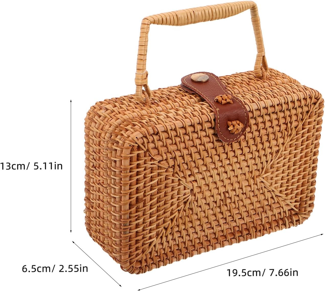 Rattan Bag Summer Beach Tote Woven Wicker Basket Vacation Purse with Pu Button Boho Handbag Handmade Clutch for Women Travel Outdoor Picnic Rectangle