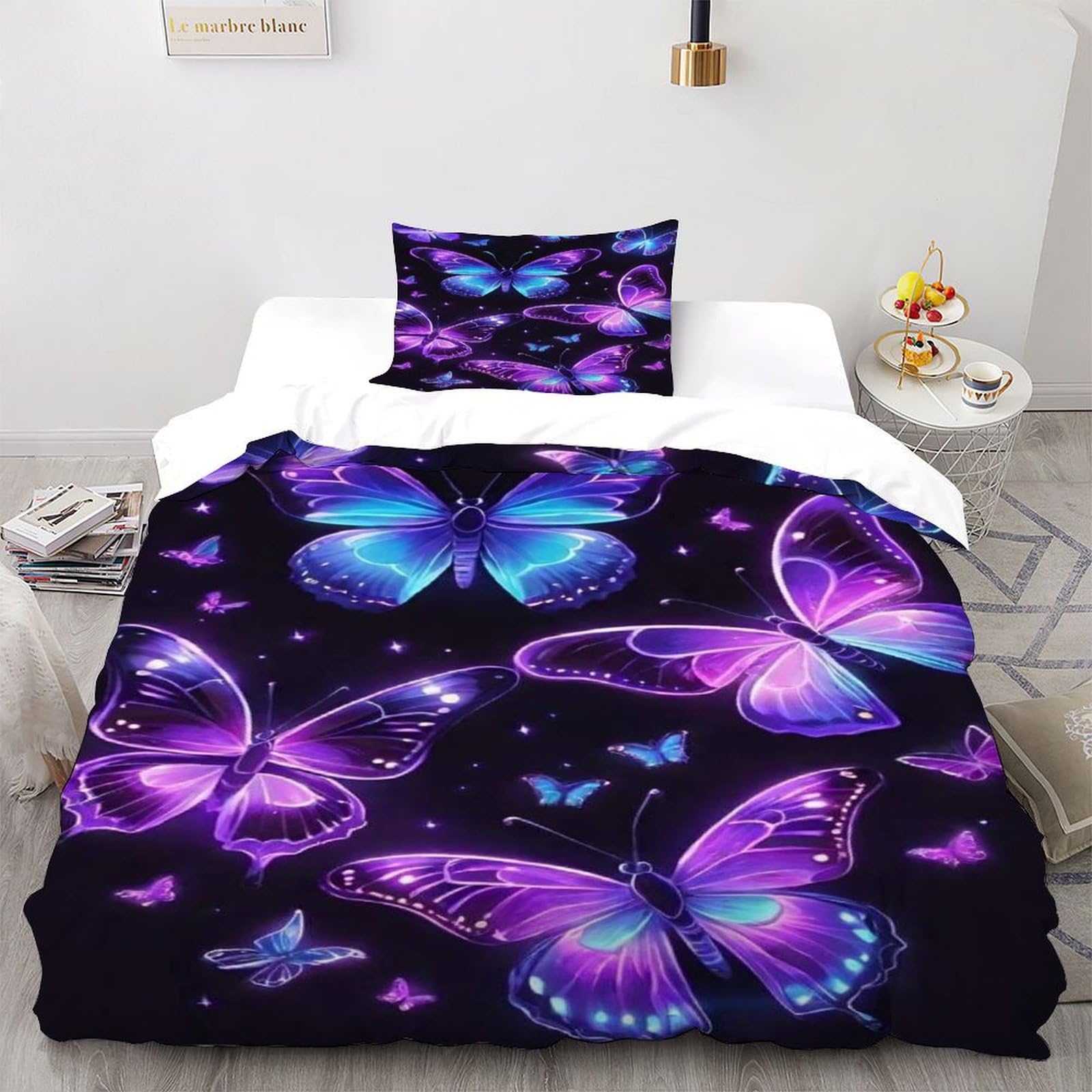 Housse de couette papillon violet 135x200 parure lit enfant adulte couvre-lit microfine single