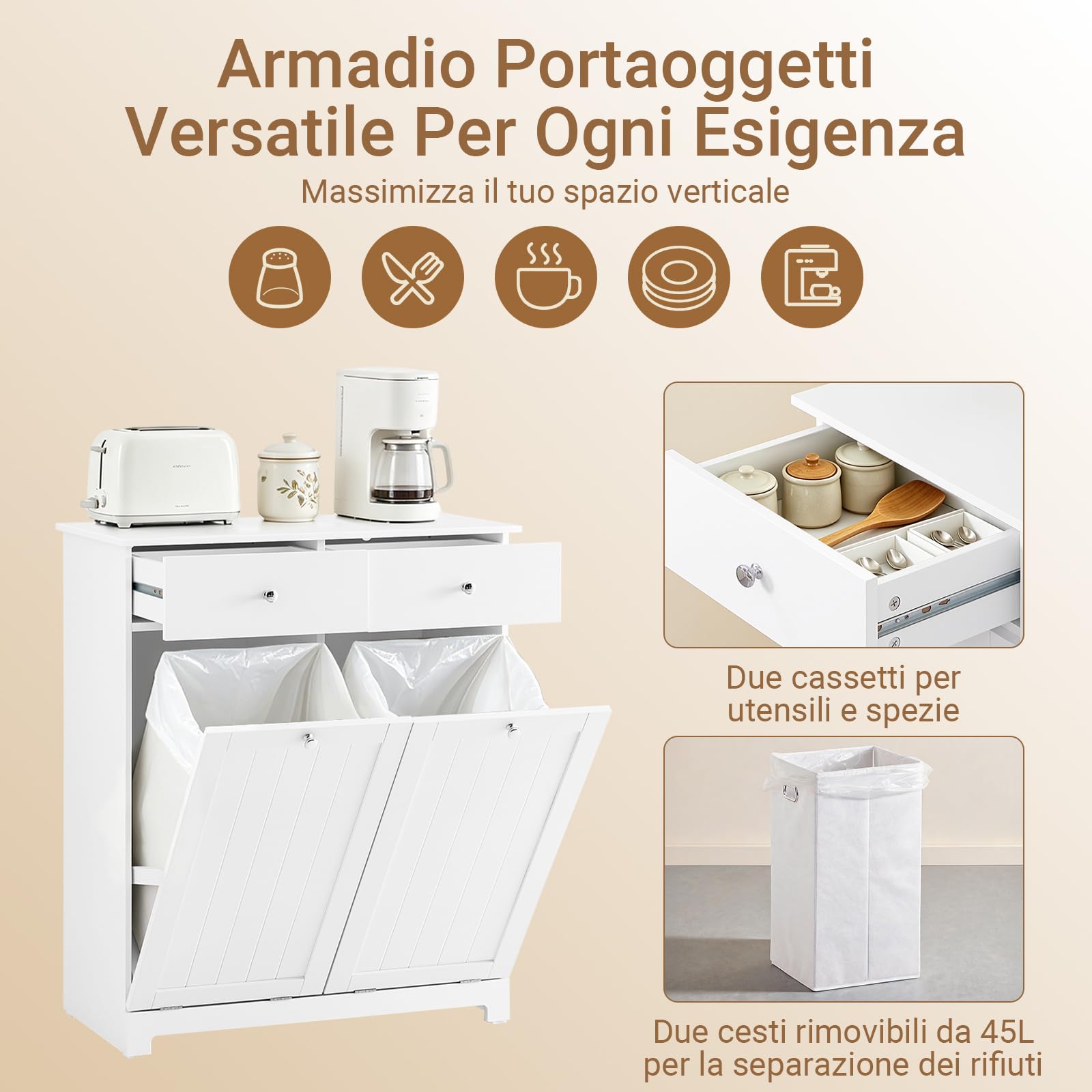 SoBuy Mobile Spazzatura da Cucina con Pattumiera Integrata Armadietto Raccolta Differenziata con 2 Cassetti e 2 Sacchi da 45L Mobiletto Salvaspazio con Chiusura Silenziosa Bianco 78x38x90cm BZR33-II-W