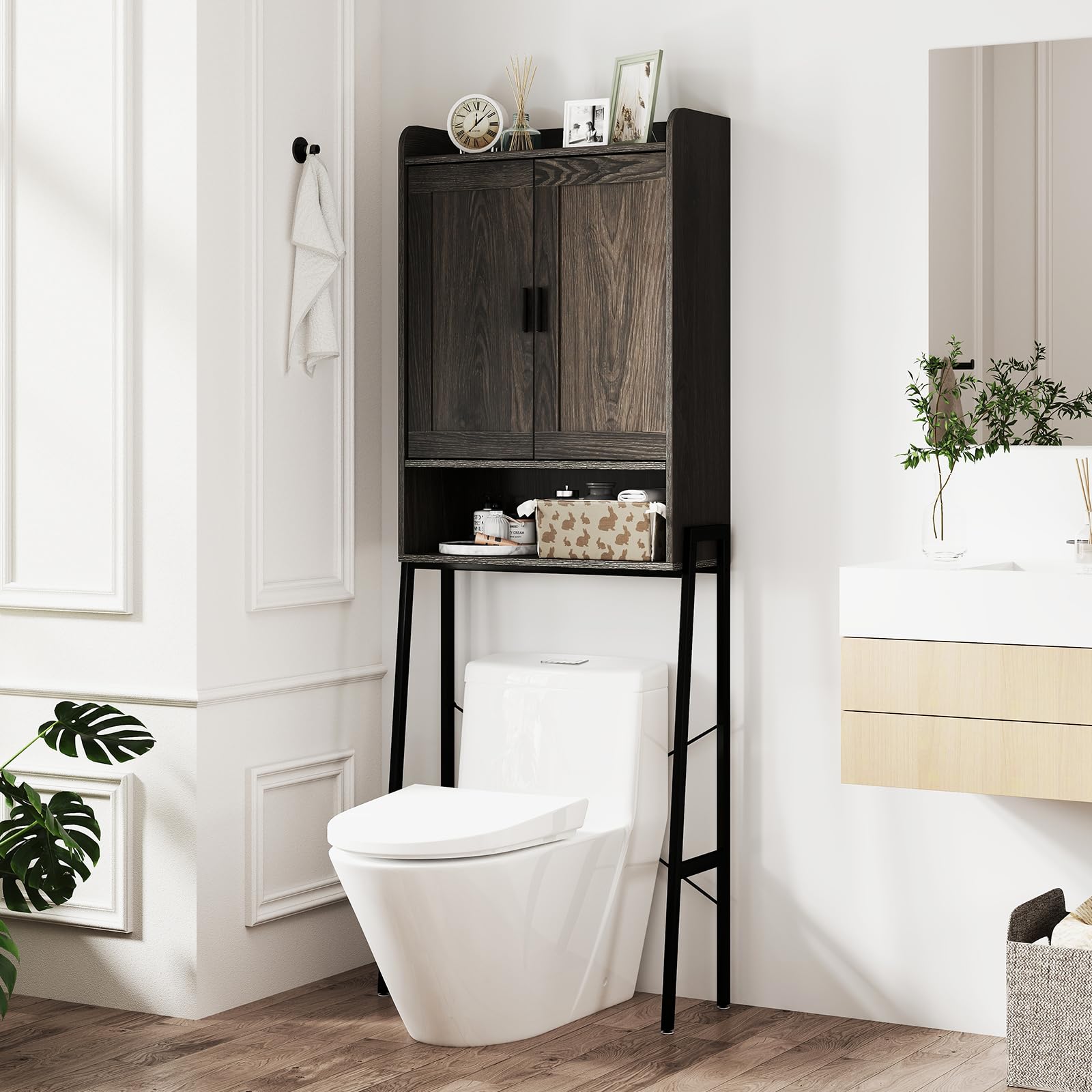 Tangkula Over The Toilet Storage Cabinet, Farmhouse Bathroom Cabinet Above Toilet with Double Doors, Adjustable Shelves, Metal Stand, Freestanding