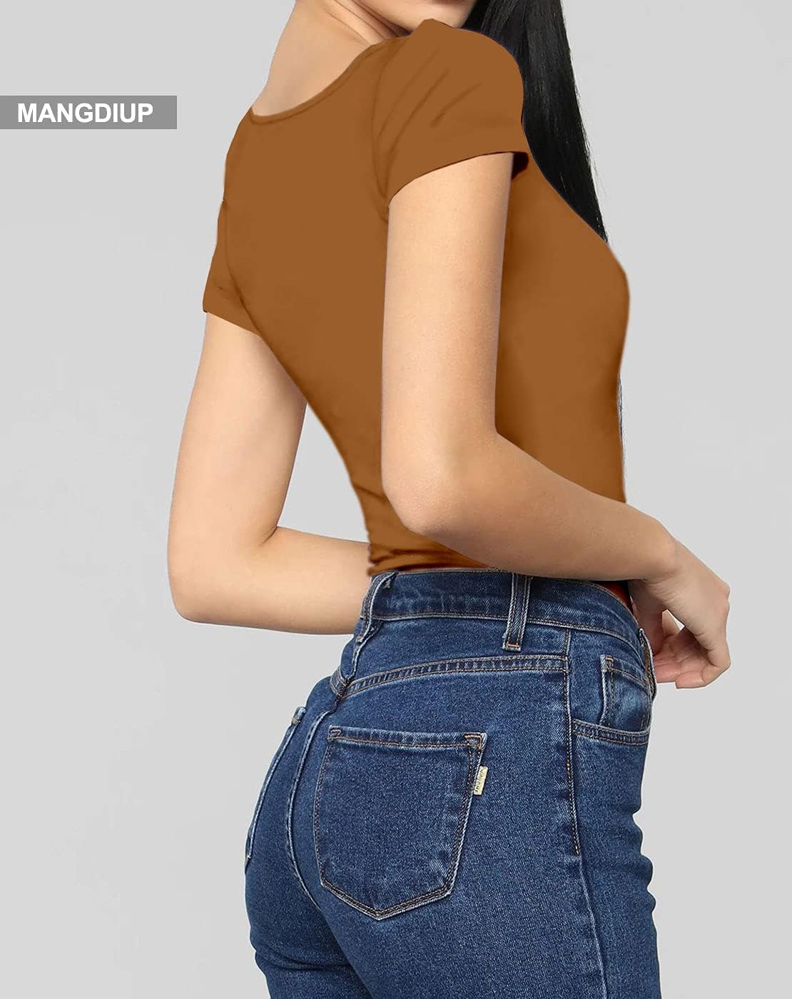 MANGDIUP bodysuit for women Short Sleeve V-Neck Casual Stretchy Basic T Shirt Bodysuit - Image 3