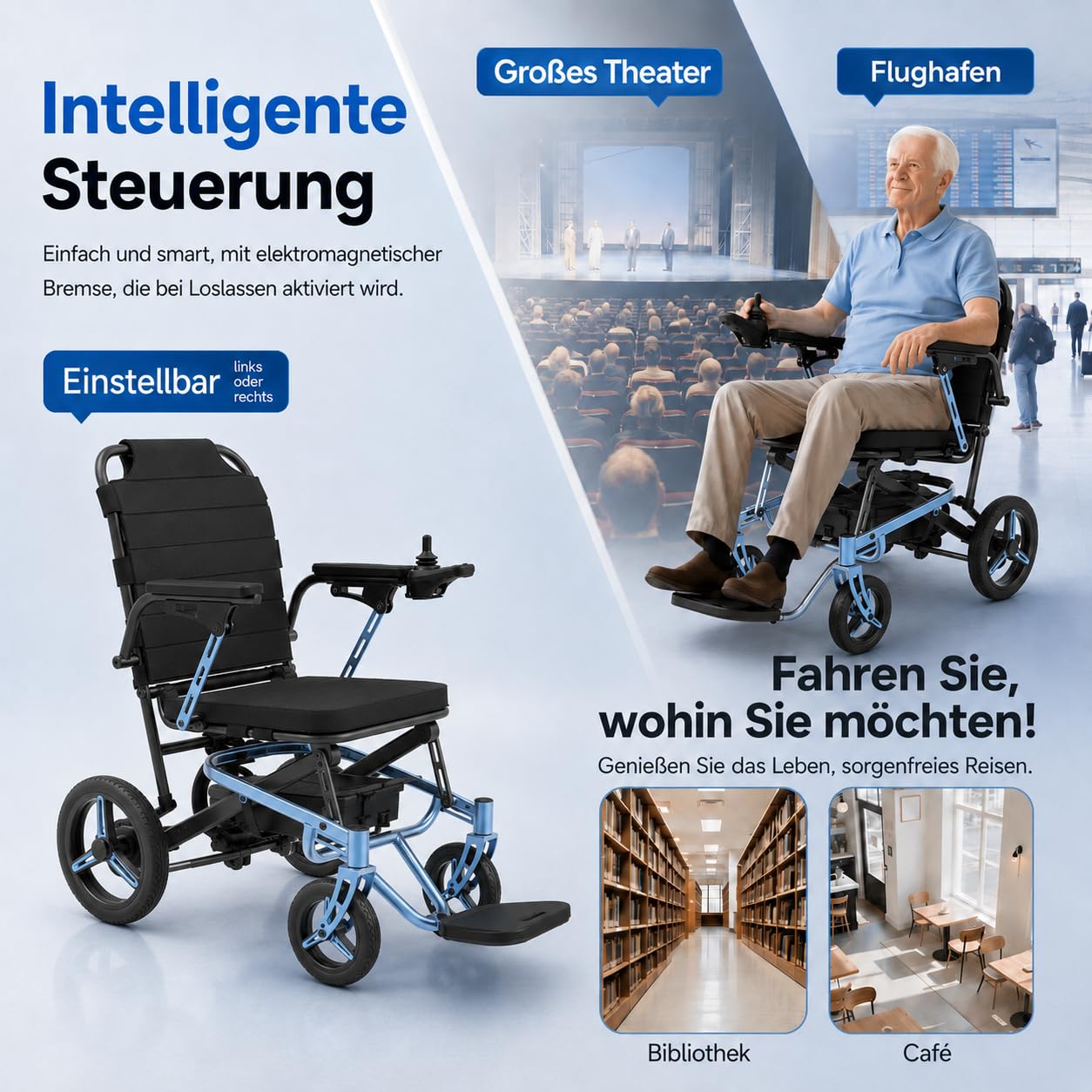 Fauteuil roulant électrique pliable de 13 kg, avec éclairage LED, portée de 48 km + avec 2 piles au lithium, fauteuil roulant électrique tout-terrain, fauteuil roulant motorisé portable