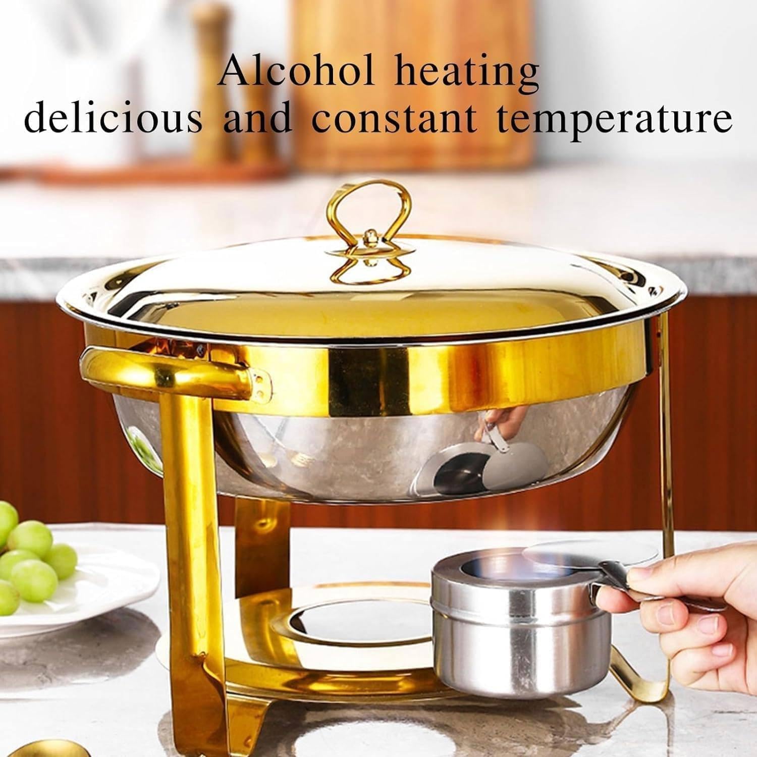 Set di Pentole Calde per Buffet Confezione da 2 Piatti Rotondi da 4,5 Litri con Vaschetta per L'acqua Set di Pentole Calde per Buffet per Catering Adatto per Ristoranti, Hotel, Matrimoni, F, B
