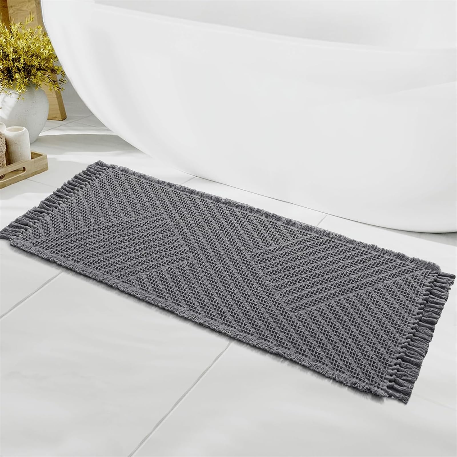 LINGKY Bath Mat Non Slip Anti Mould - Waffle Shower Mat Grey 60 x 150 cm Super Absorbent Boho Bathroom Mat Machine Washable Extra Soft & Comfortable Bathmat