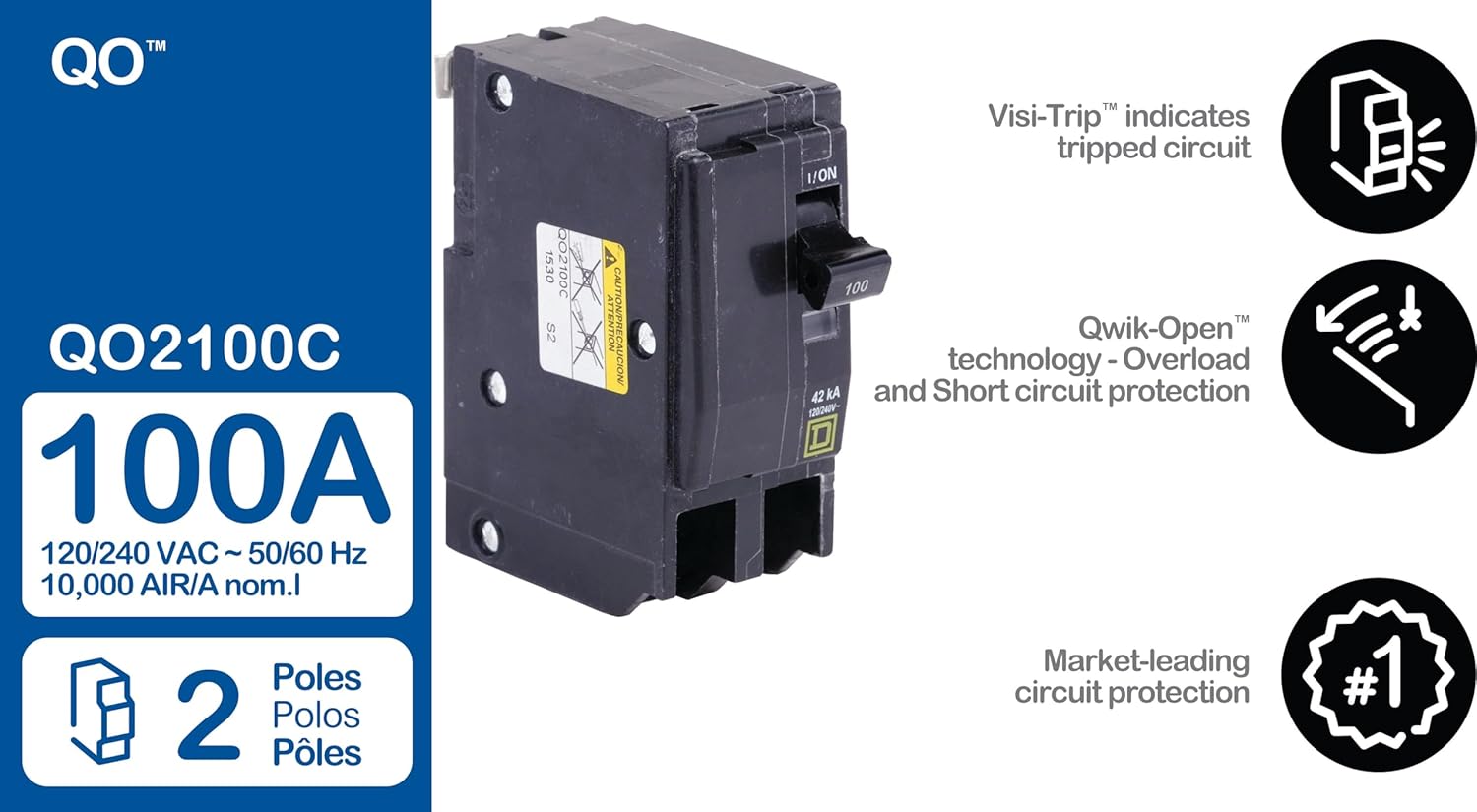 Square D Type QO 2-Pole Molded Case Circuit Breaker 100A QO2100