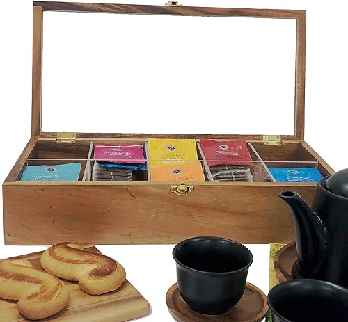 Miniatura 6 de Woodard & Charles Caja de té con compartimento de madera de acacia con ventana, almacenamiento y organizador (caja de té de 5 compartimentos)