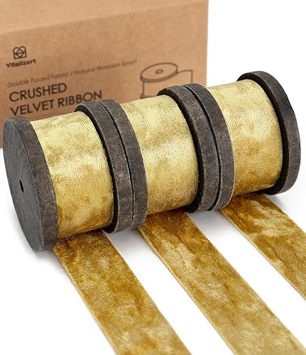 Vitalizart Juego de cintas de terciopelo de 1 pulgada x 9 yardas, carrete de madera de lujo dorado, cintas de terciopelo de doble cara para árbol de