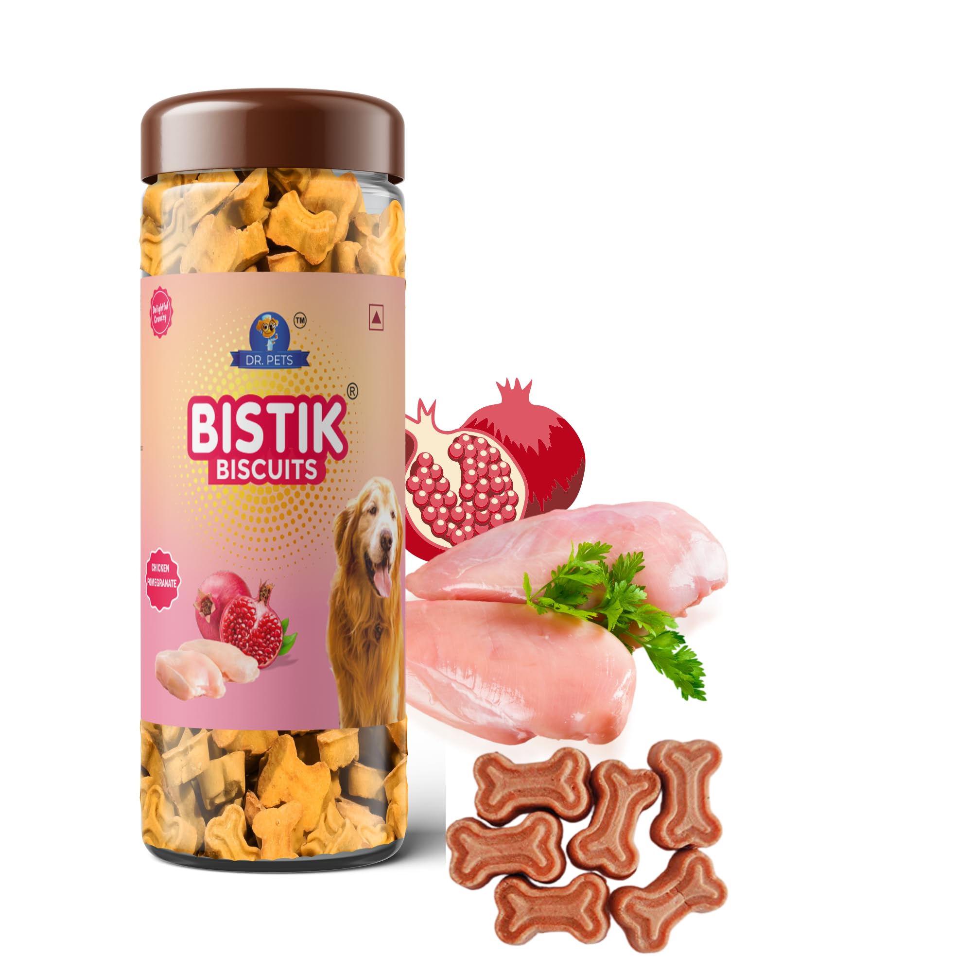 Bistik Dog Food Treat - Dog Biscuits for Adult Dog & Puppy, Gluten Free Healthy Treats with Fresh & Natural Ingredients, Chicken Pomegranate Flavor 450g Pack of 1