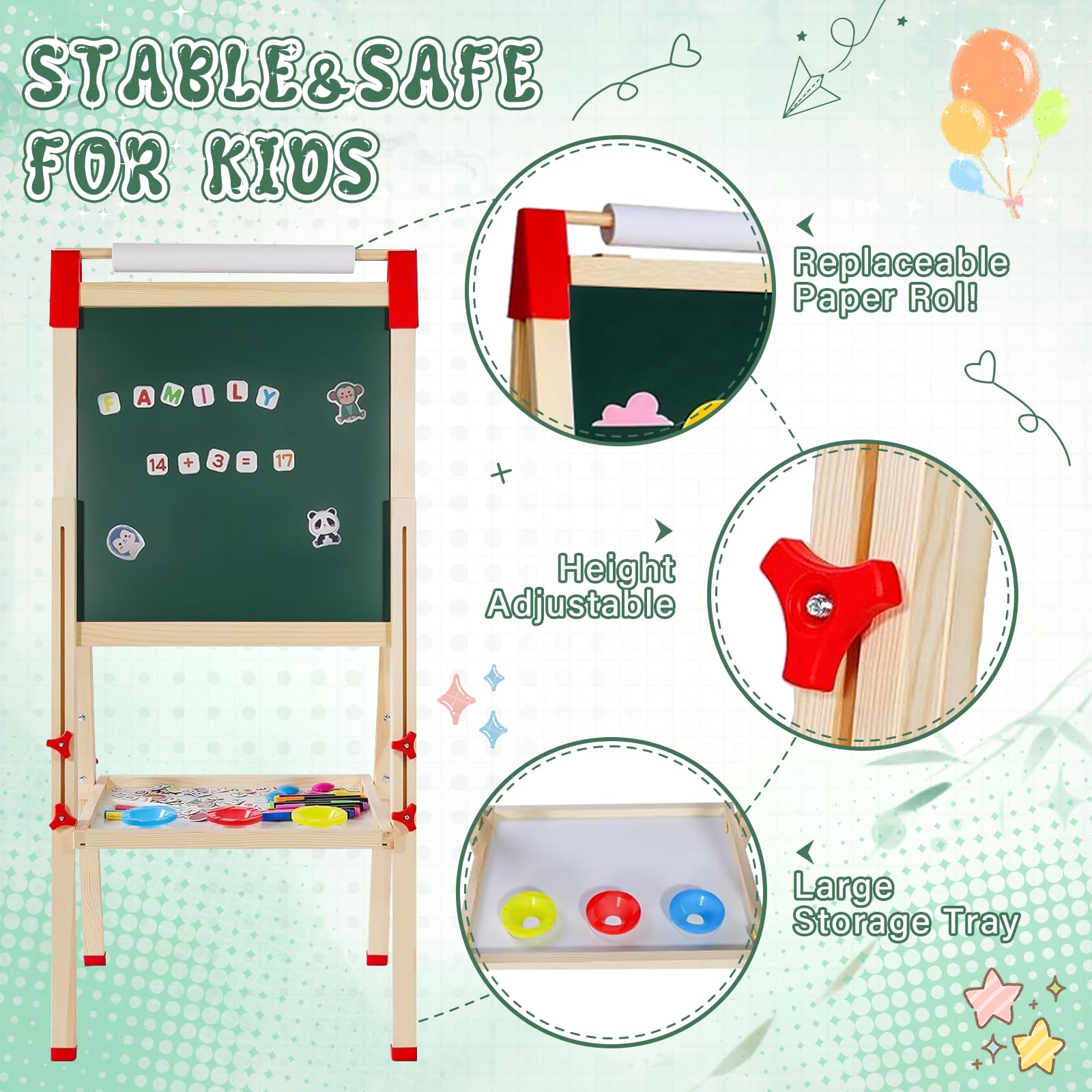Set de Pizarra Infantil Doble Cara: Pizarra Blanca Infantil con Negro Magnético - Caballete Infantil de Madera Ajustable en Altura - Ideal para Niñas y Niños de 3 a 12 Años (White and Green)