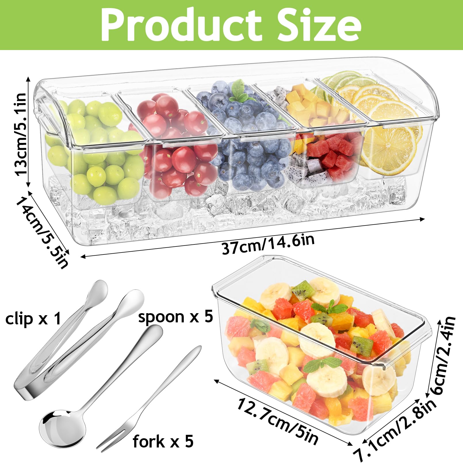 Gewürzschale Abnehmbarer Zutatenbehälter mit Deckel, Gekühlten Zutatenbehälter, 5 Fächer 12,7 x 6 x 7,1 cm, Eisgekühlter Gewürz Servierbehälte für Snacks Obst Toppings inkl.