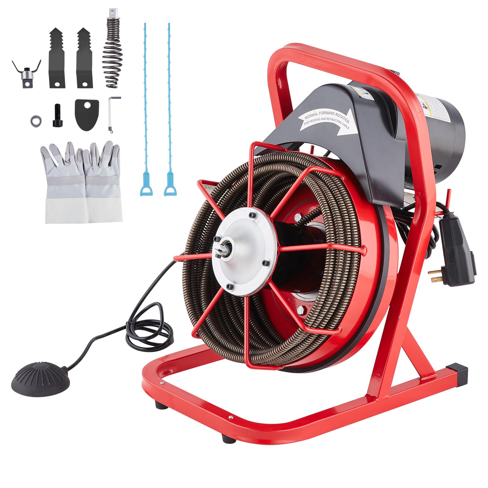 Happybuy Drain Cleaner Machine 50FT x 1/2 Inch, Sewer Snake Auger Manual Feed, 250W Electric Drain Cleaning Machine with 4 Cutters & Air-activated Foot Switch for 2