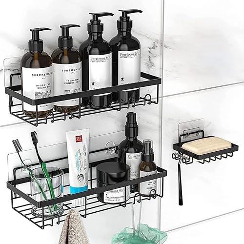 Preziouz Paquete de 3 organizadores de baño con ganchos, organizador de ducha negro autoadhesivo, sin taladrar y acero inoxidable, estantes de ducha disponible en Yaxa Colombia