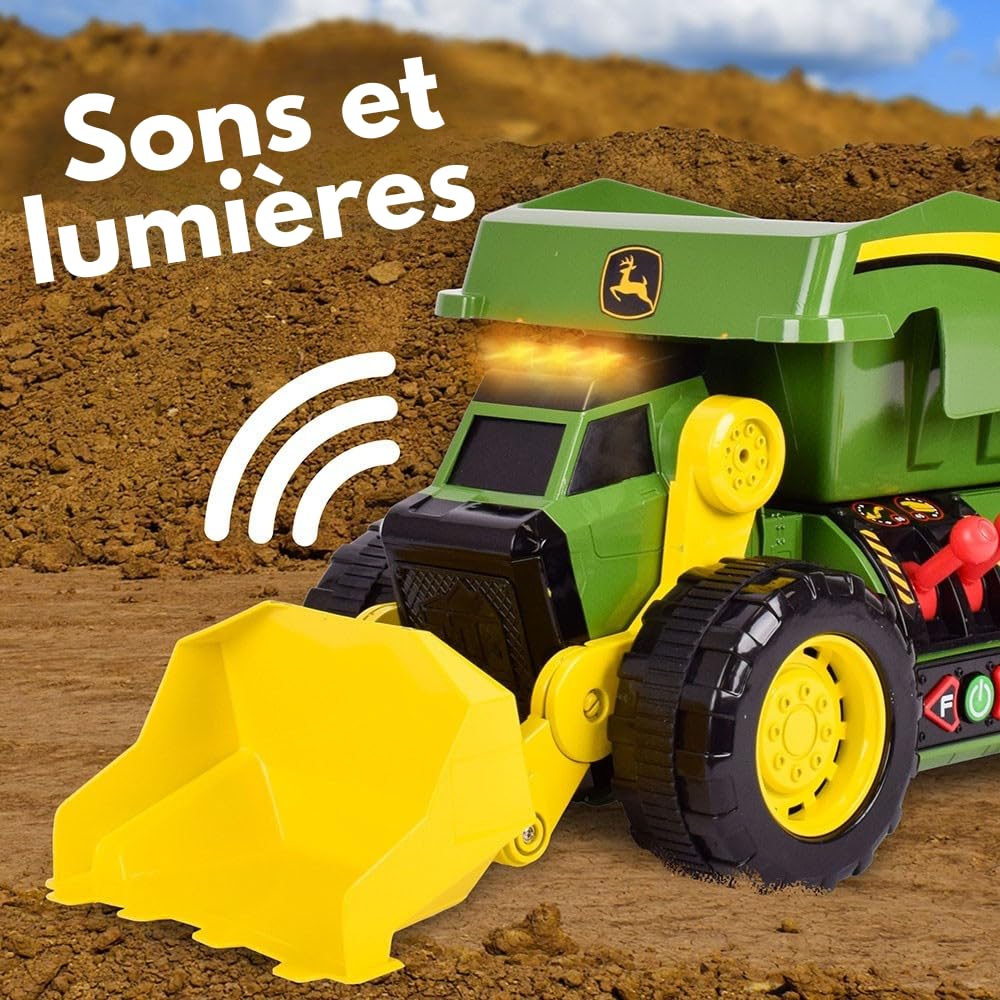 John Deere JD MAXX Power Camion de Chantier 2-en-1 Lumières & Sons, Pelleteuse et Camion Benne Télécommandés, LED, Sons de Chantier, Moteur Électrique, Grandes Roues, Dès 3 Ans